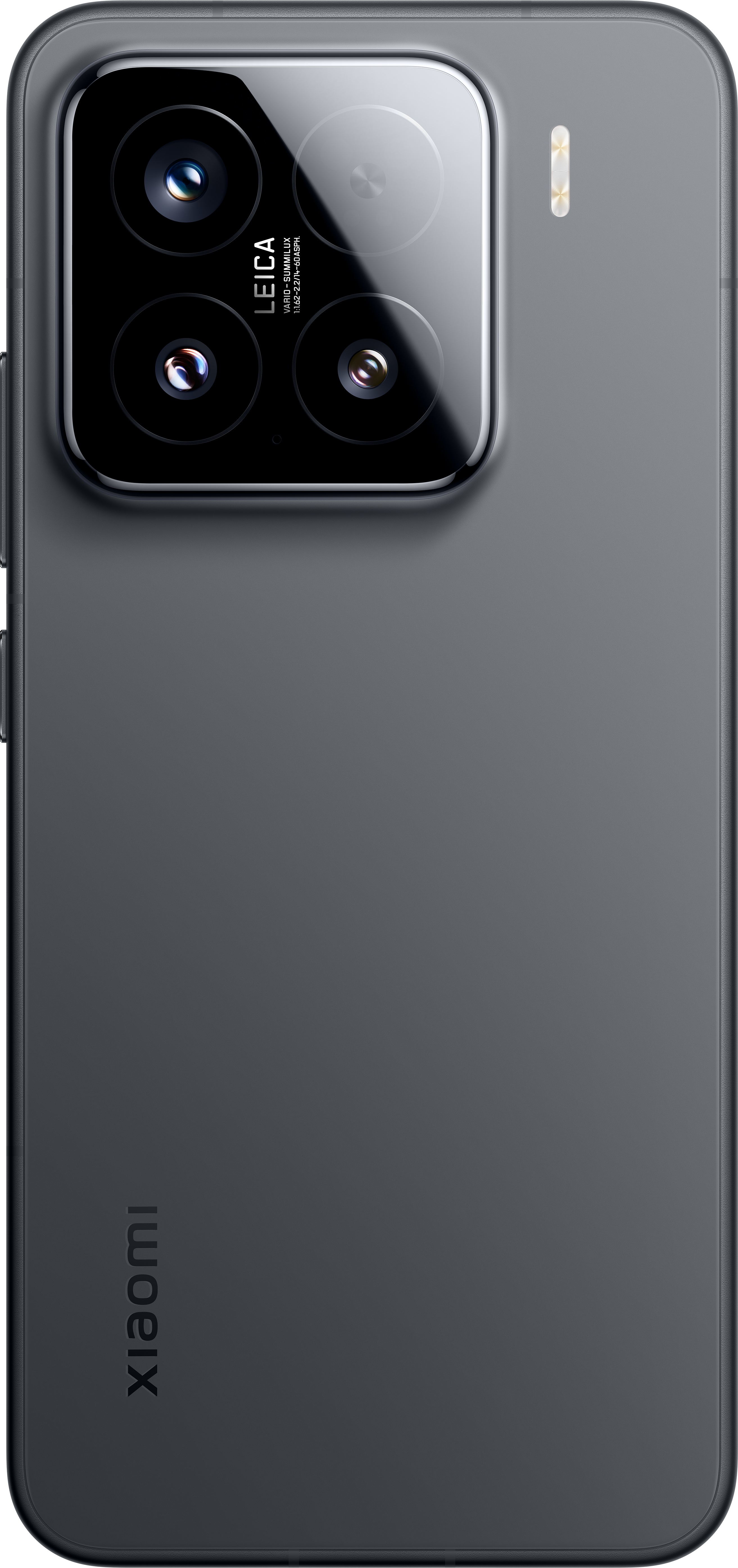 Schwarze Telefonrückseite mit Leica-Dreifachkamera und Xiaomi-Logo.