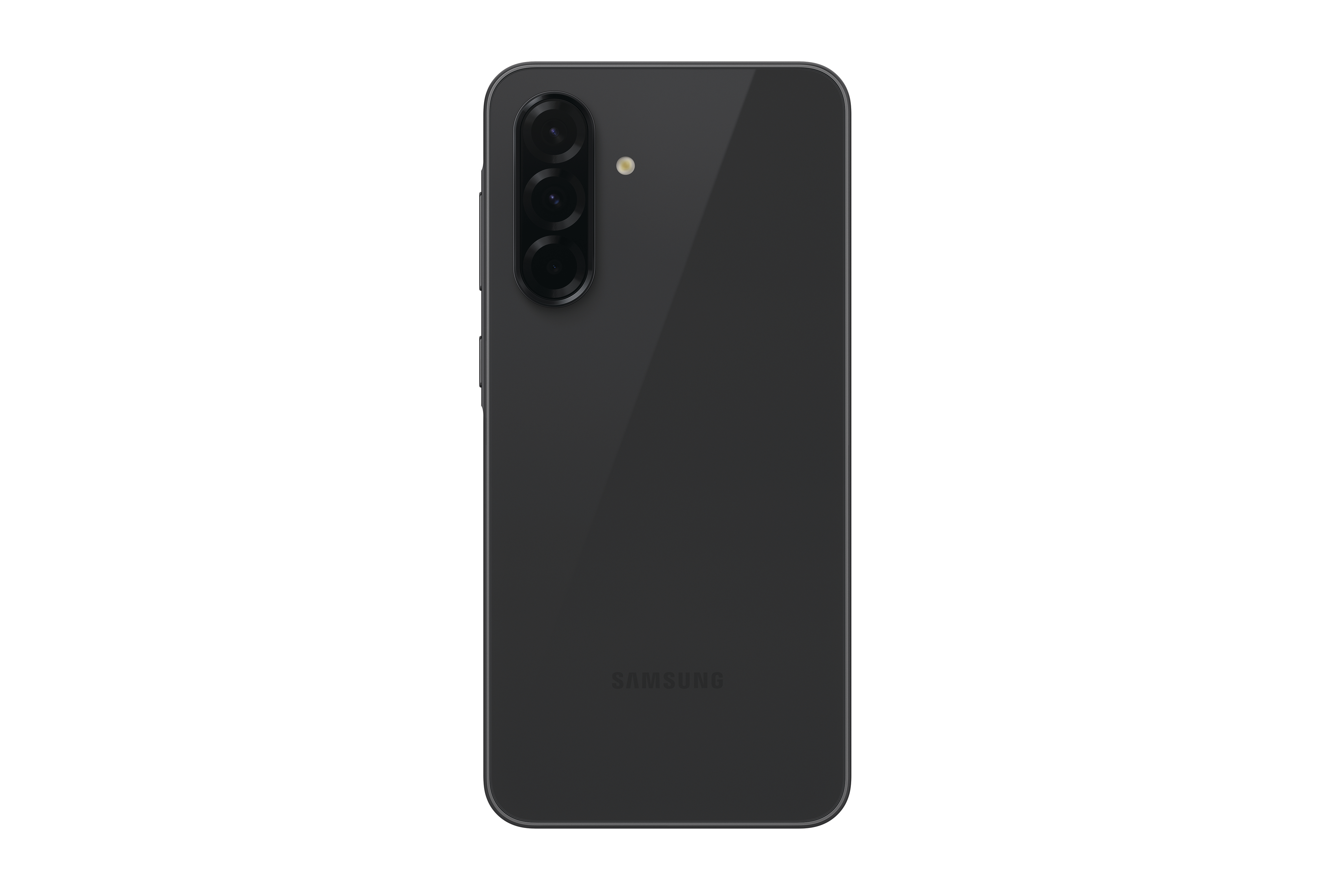 Schwarze Smartphone-Rückseite. Enthält Kameralinsen und das Samsung-Logo.
