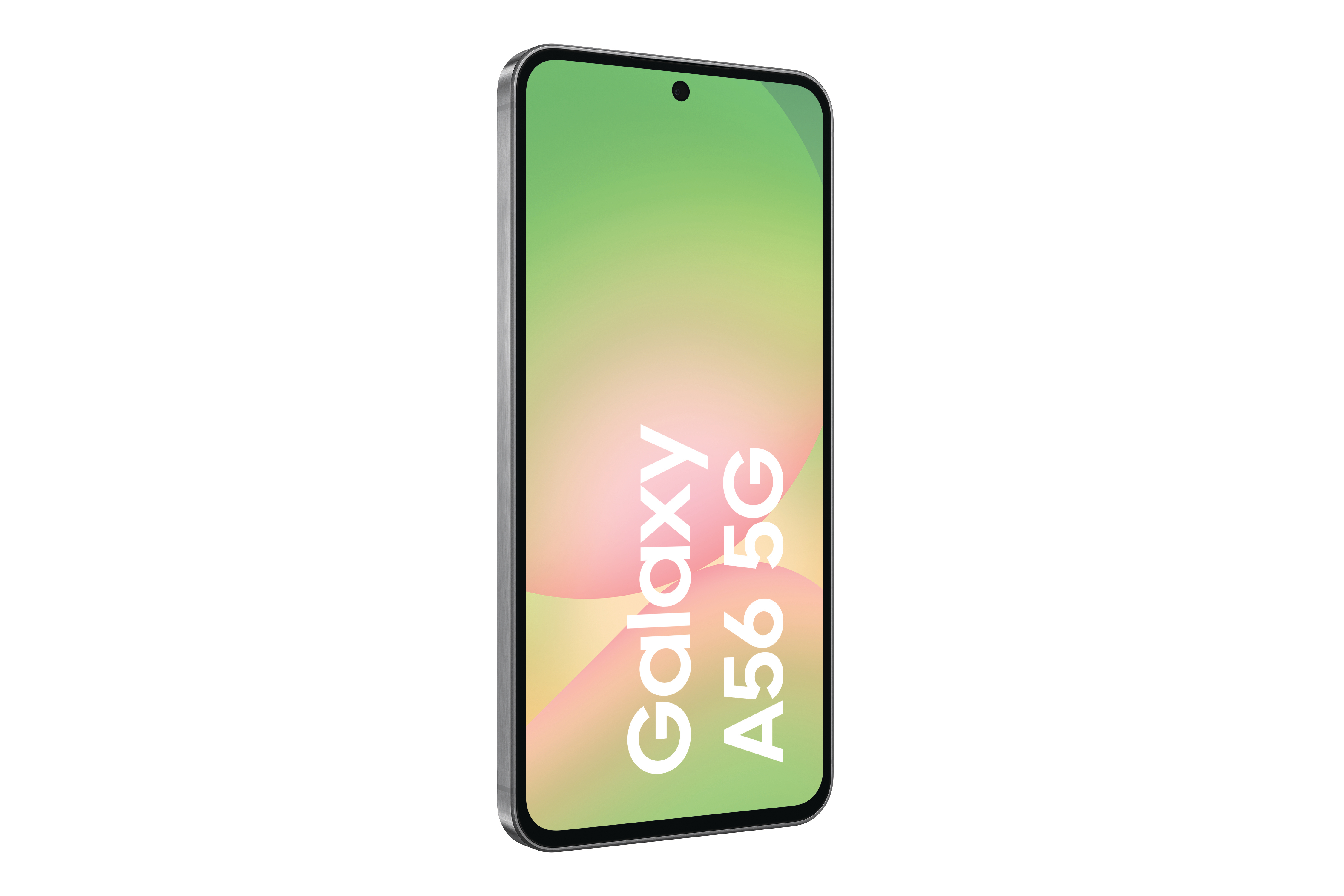 Silbernes Telefon mit Galaxy A56 5G auf dem Bildschirm, hellgrün und rosa.