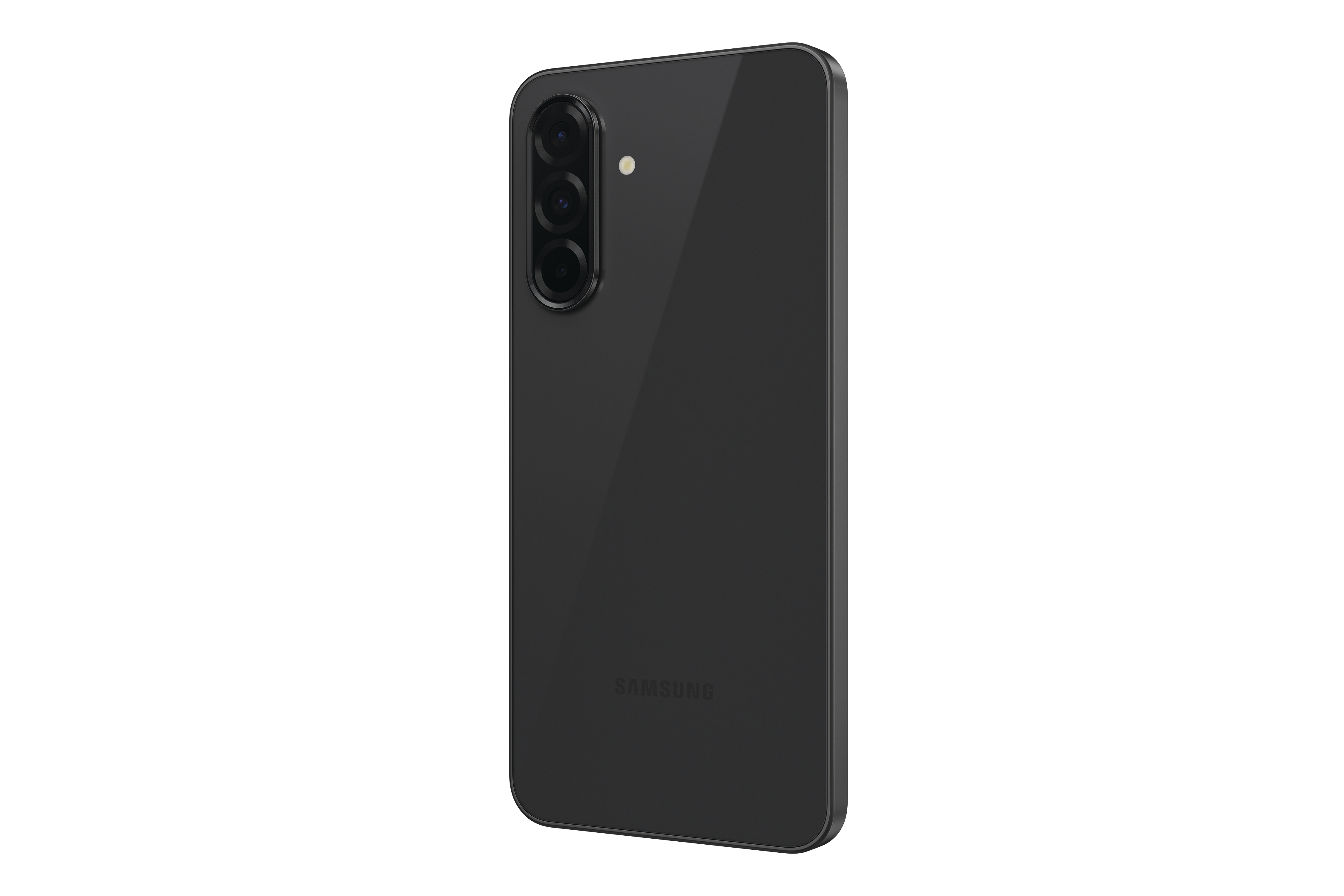 Die Rückseite eines schwarzen Smartphones mit drei Kameralinsen und dem Samsung-Logo.