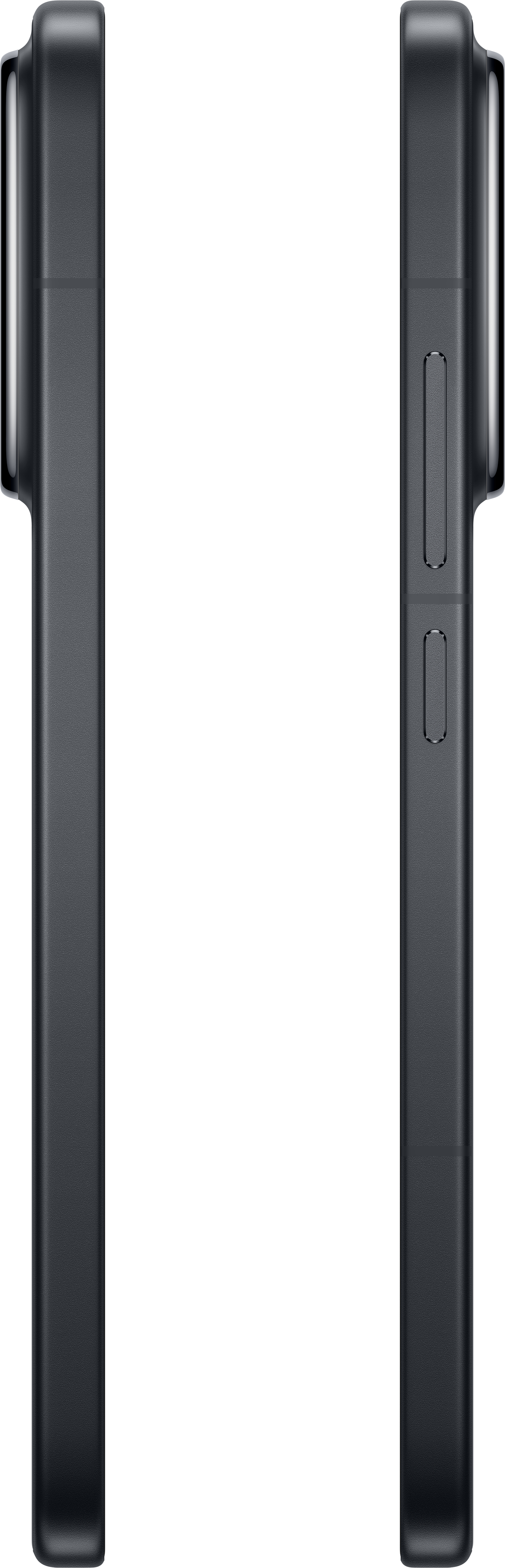 Zwei Seitenansichten eines dunkelgrauen Smartphones, isoliert auf weißem Hintergrund.