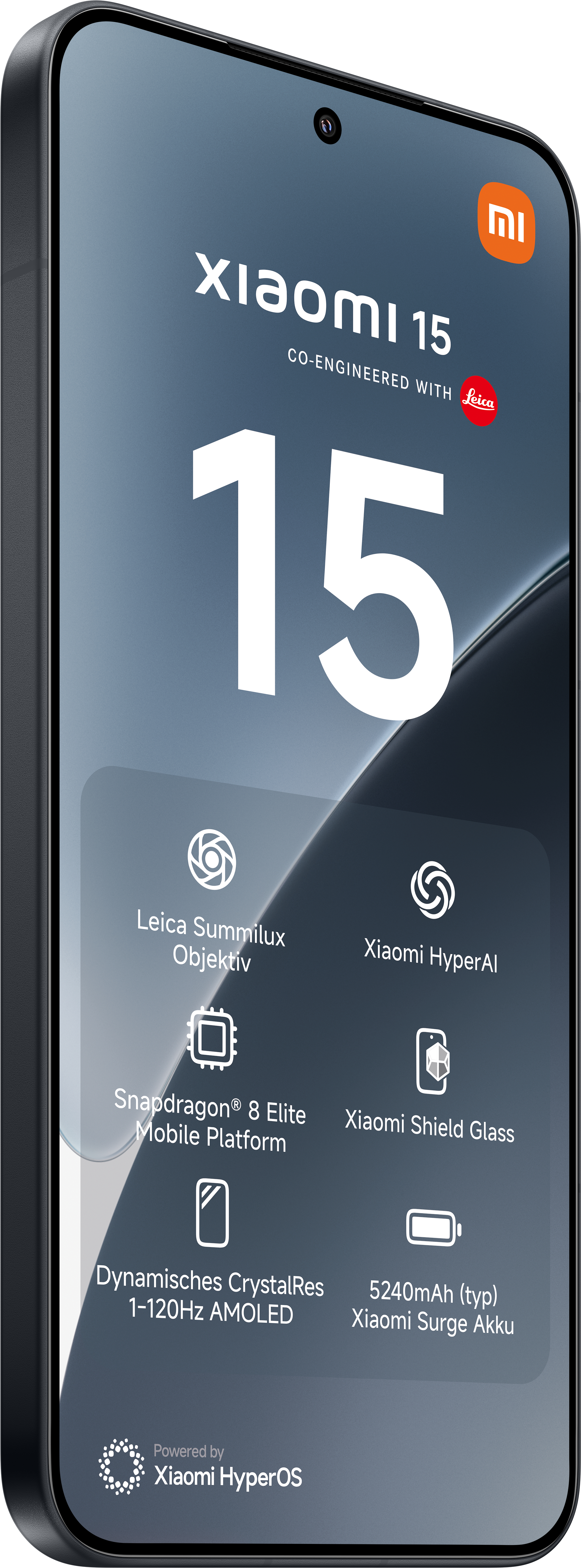 Schwarzes Smartphone mit einem Bildschirm, der Informationen anzeigt und ein kleines orangefarbenes Xiaomi-Logo.