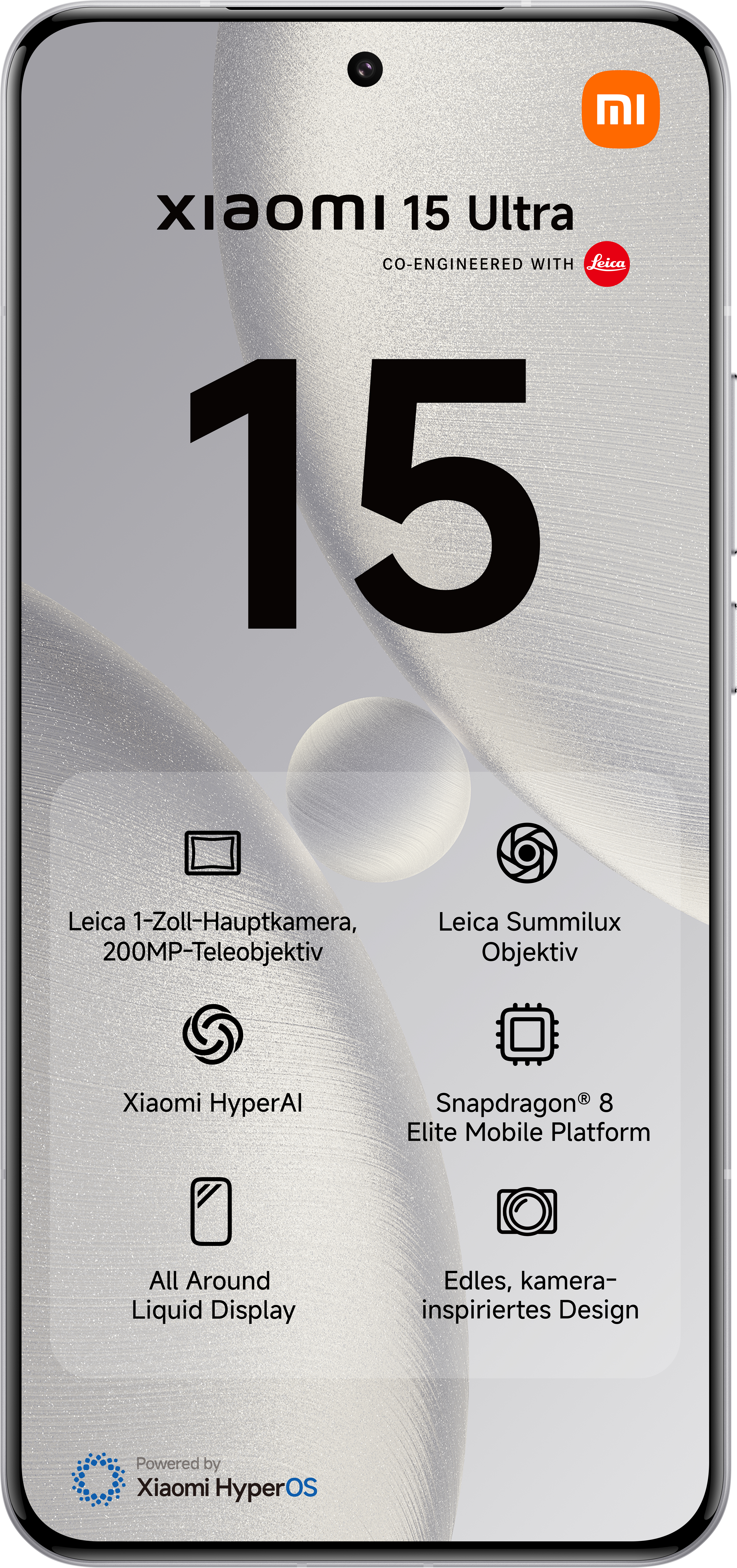 Vorderansicht des Xiaomi 15 Ultra-Telefons mit Text und Symbolen, mit Leica.