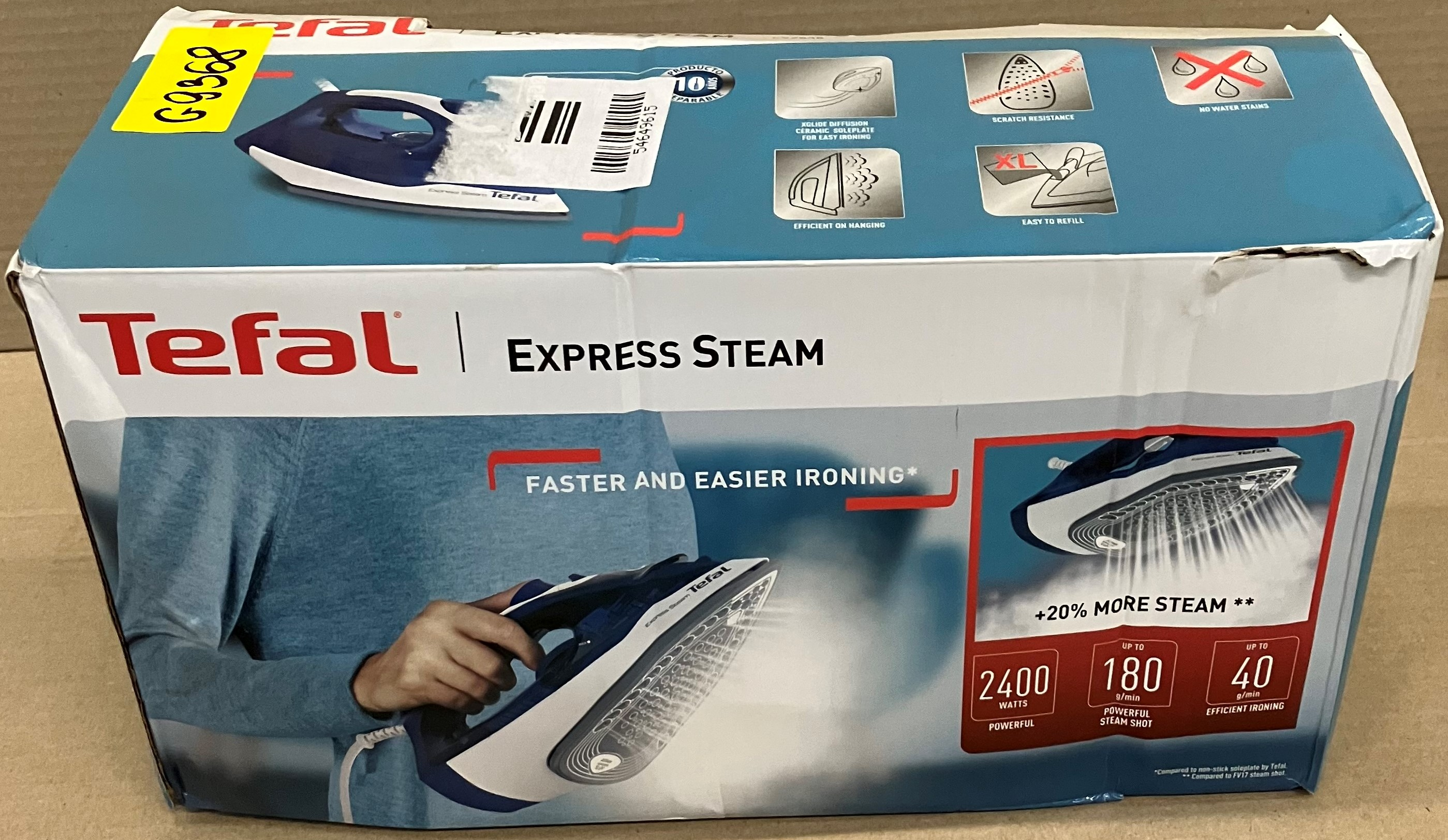 Pudełko żelazka Tefal Express Steam, ze szczegółami produktu, niebieskie i białe.