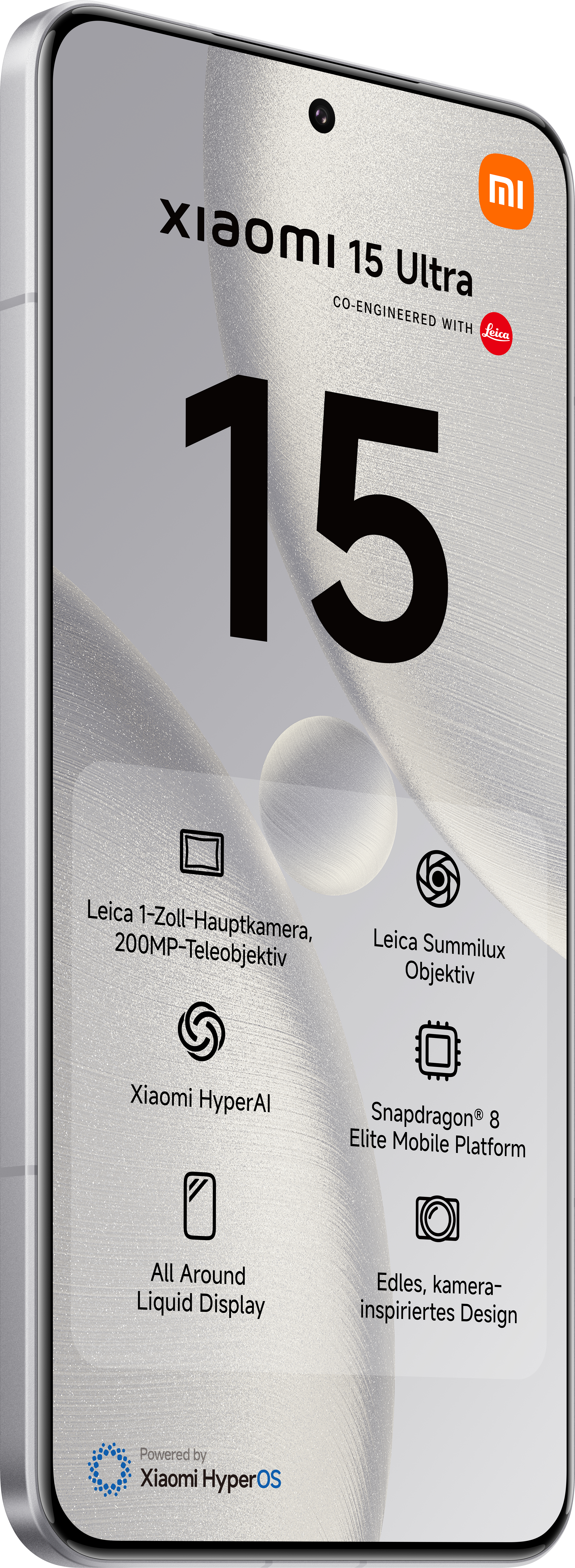 Xiaomi 15 Ultra Telefon-Mockup mit Funktionen wie Kamera, Display und Snapdragon.