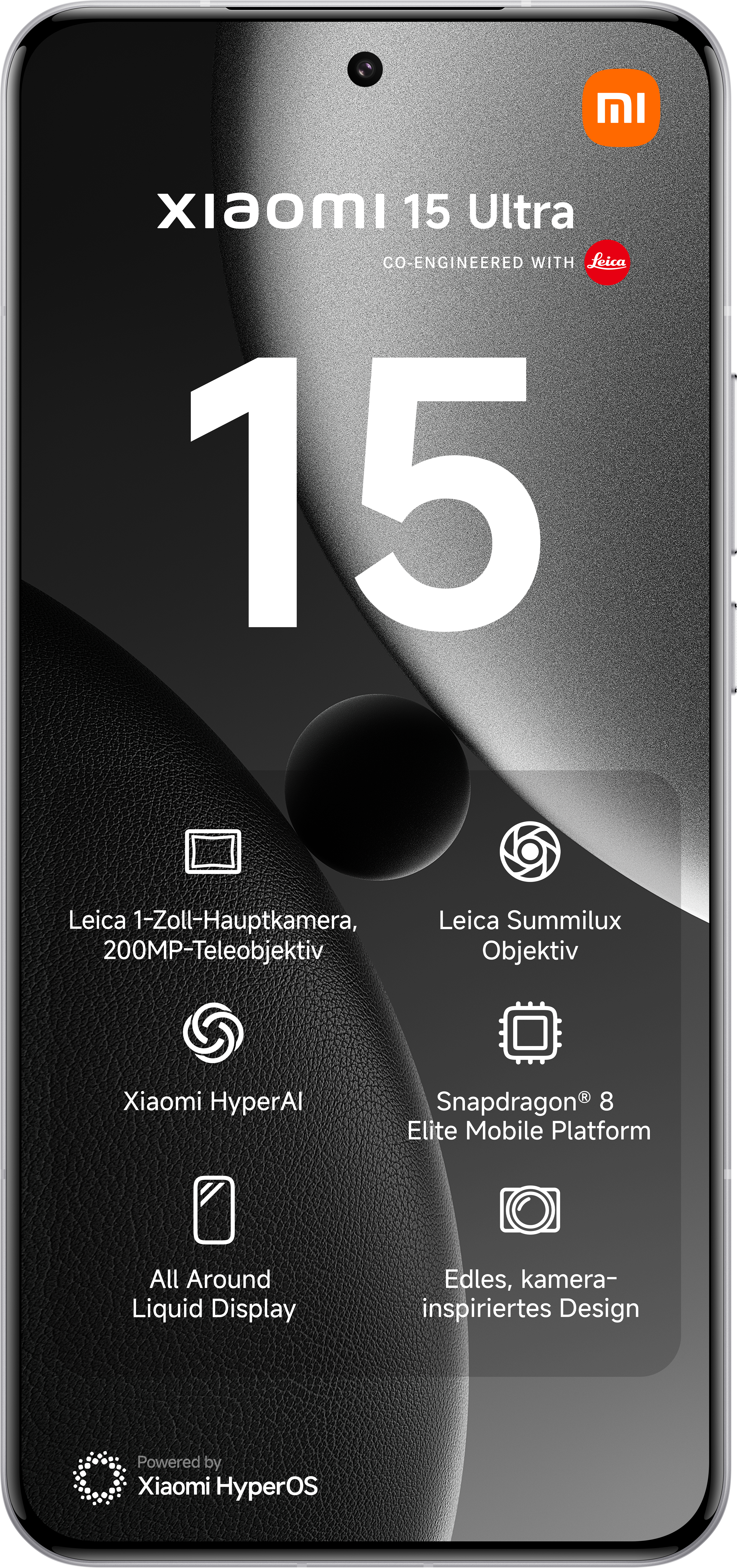 Schwarzes und graues Telefon mit großer weißer Zahl 15. Enthält Grafiken und Text zur Beschreibung der Funktionen.