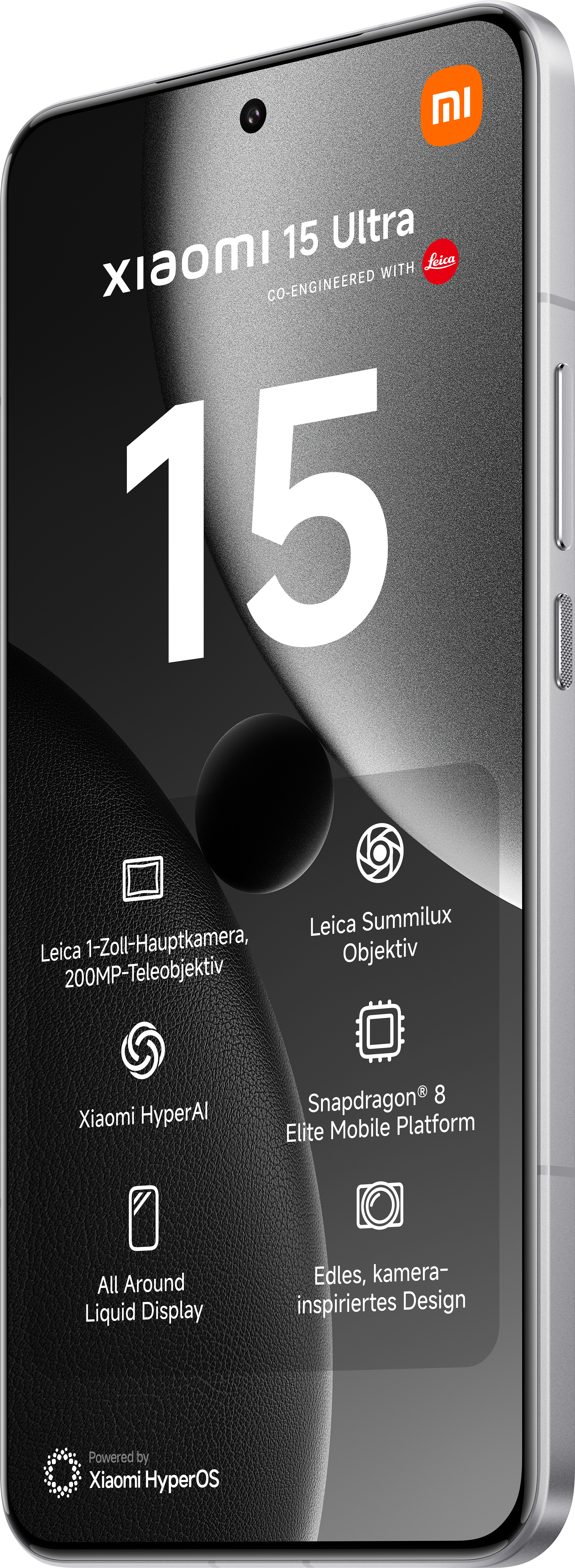 Ein silbernes Smartphone mit schwarzem Bildschirm. Zu den Merkmalen gehören Leica-Kamera, Snapdragon-Prozessor und Flüssigkeitsdisplay.