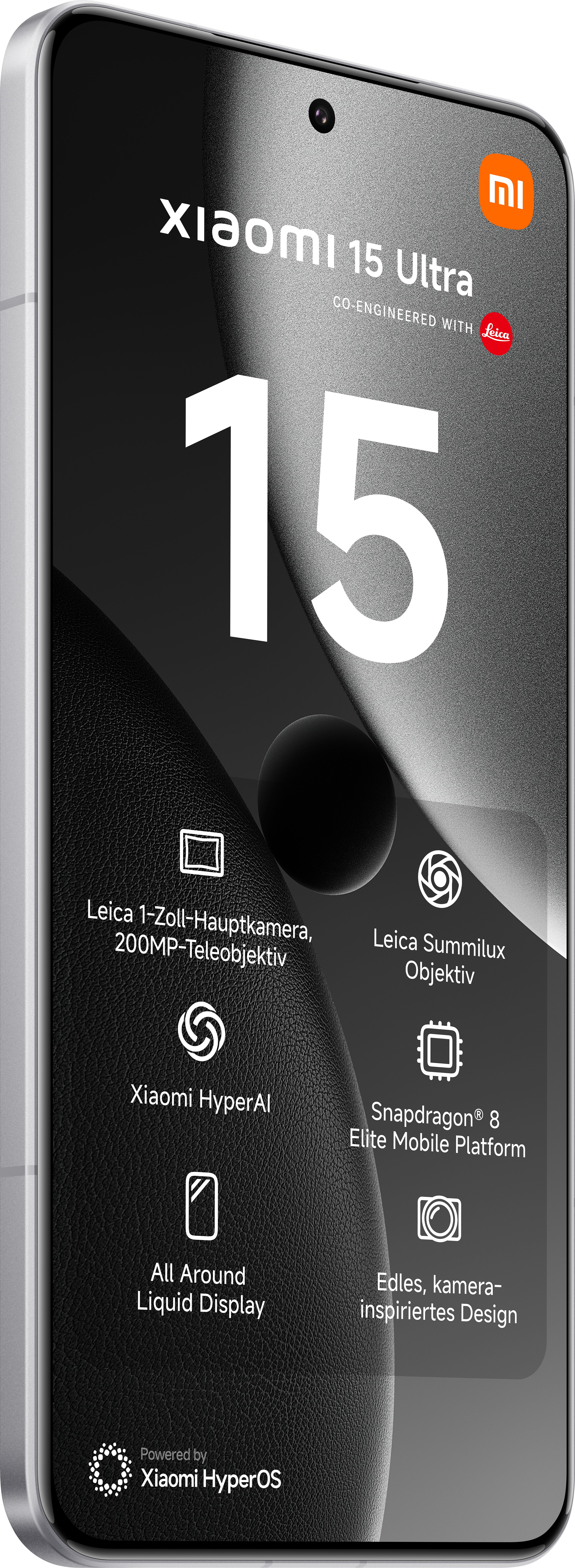 Vorderansicht des Xiaomi 15 Ultra-Telefons mit Text und Symbolen, mit Leica.