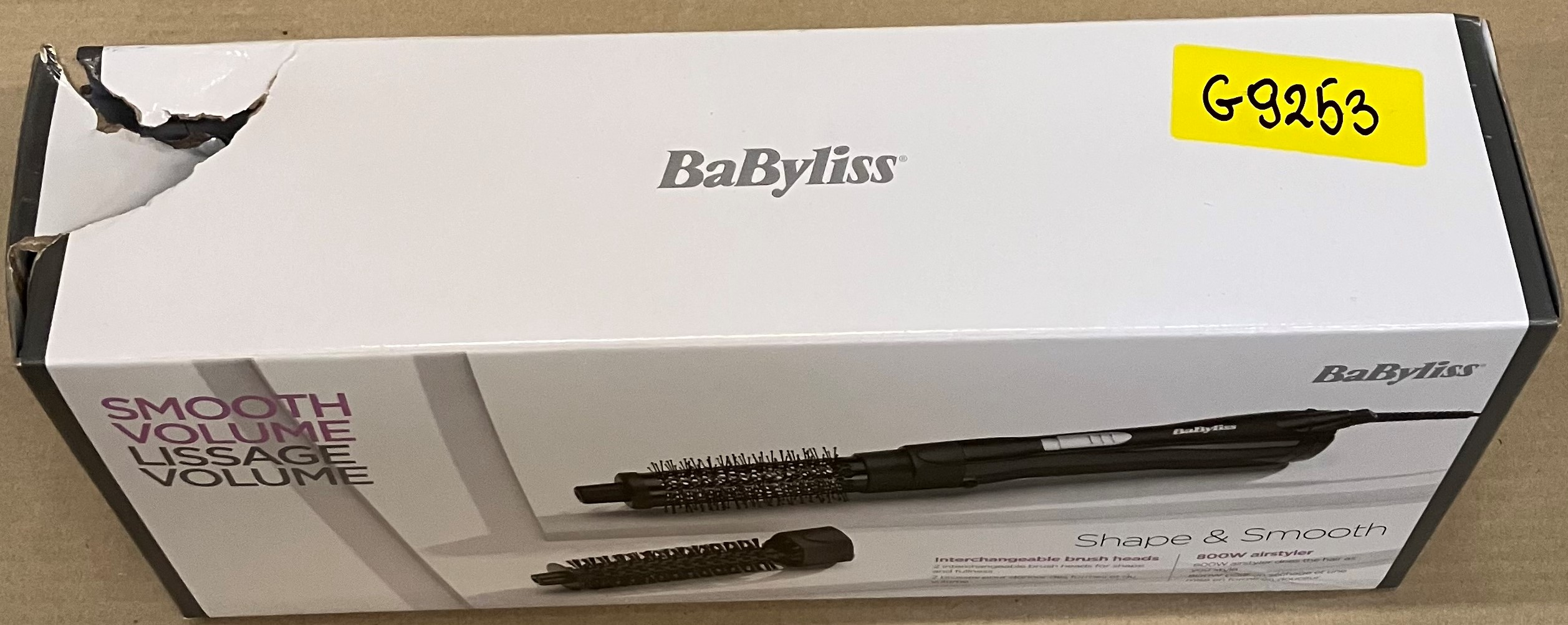 Pudełko z prostownicą do włosów Babyliss. Etykieta: Smooth Volume, Shape & Smooth.