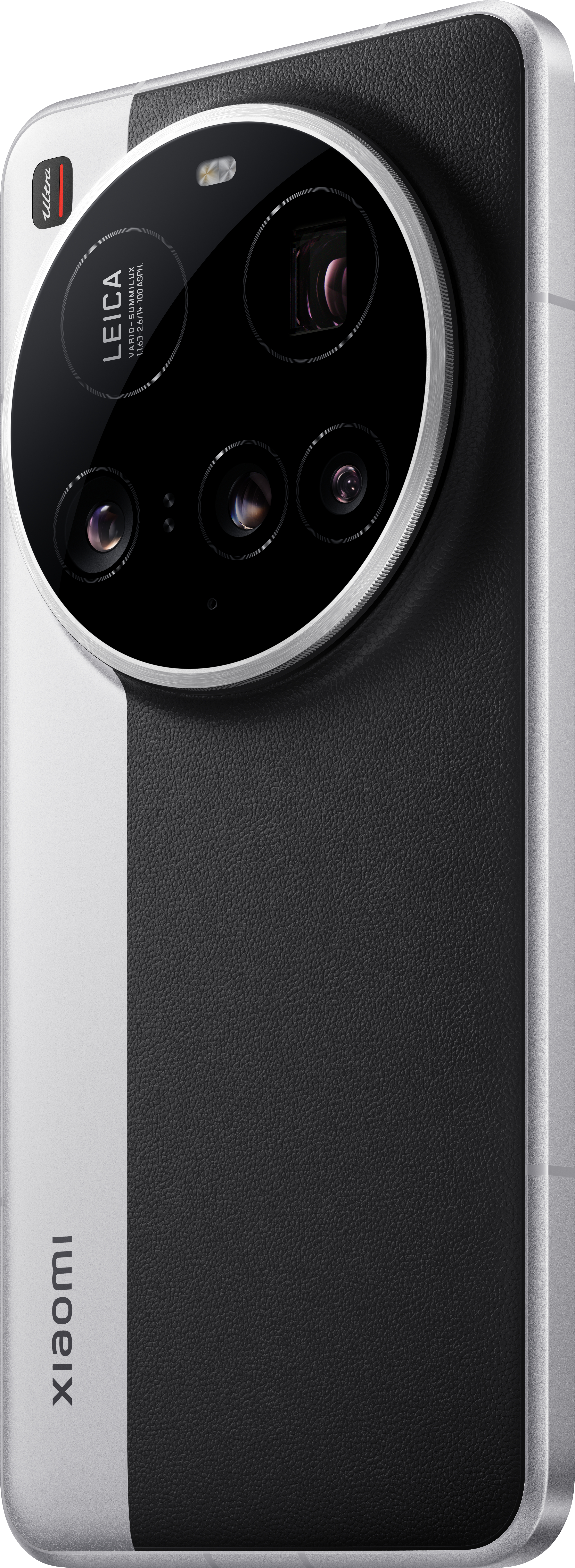 Weißes und schwarzes Xiaomi-Telefon. Große Kameralinsen und Leica-Branding sind auf der Rückseite sichtbar.