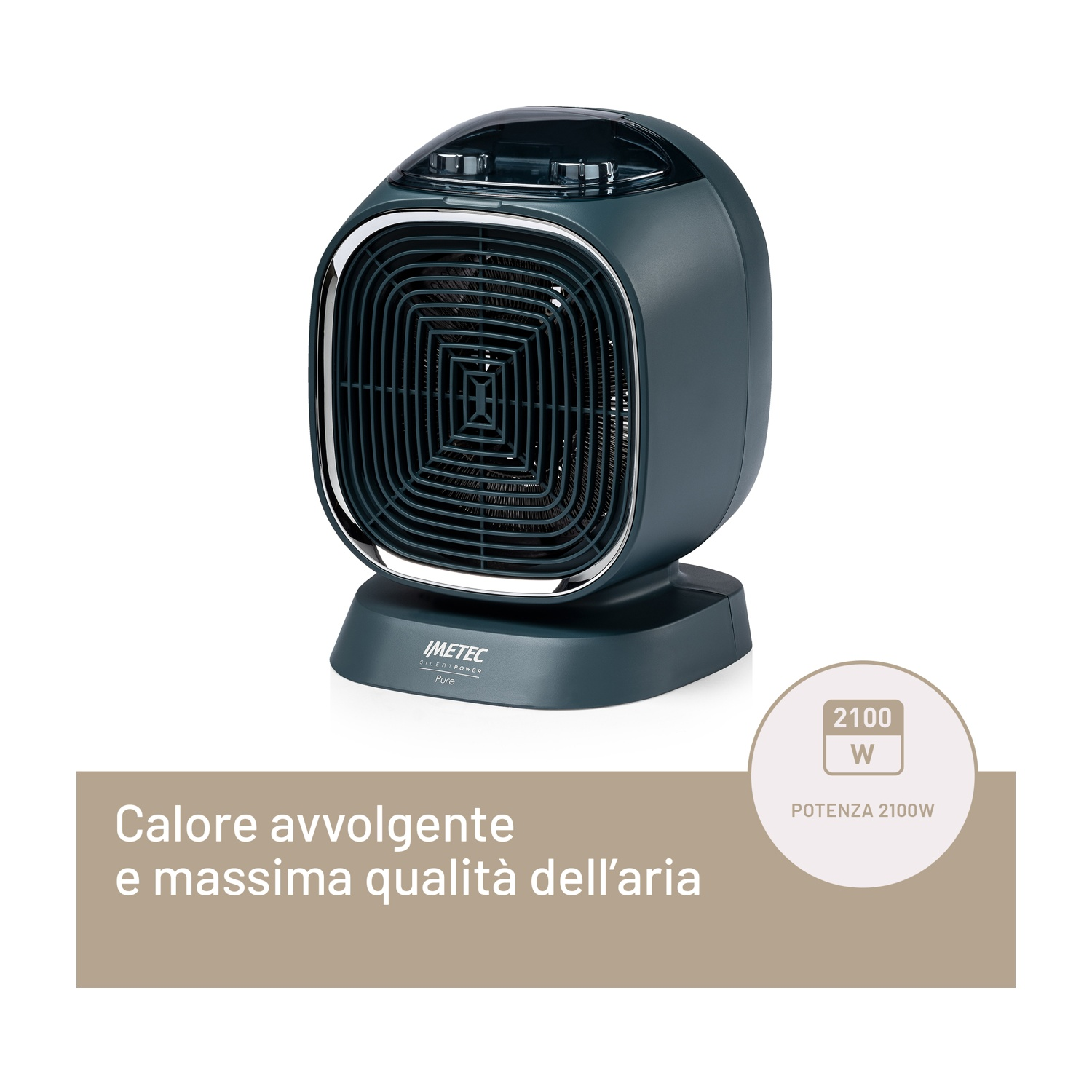 Un termoventilatore elettrico verde scuro. È su una superficie bianca. Il testo in italiano è visibile.