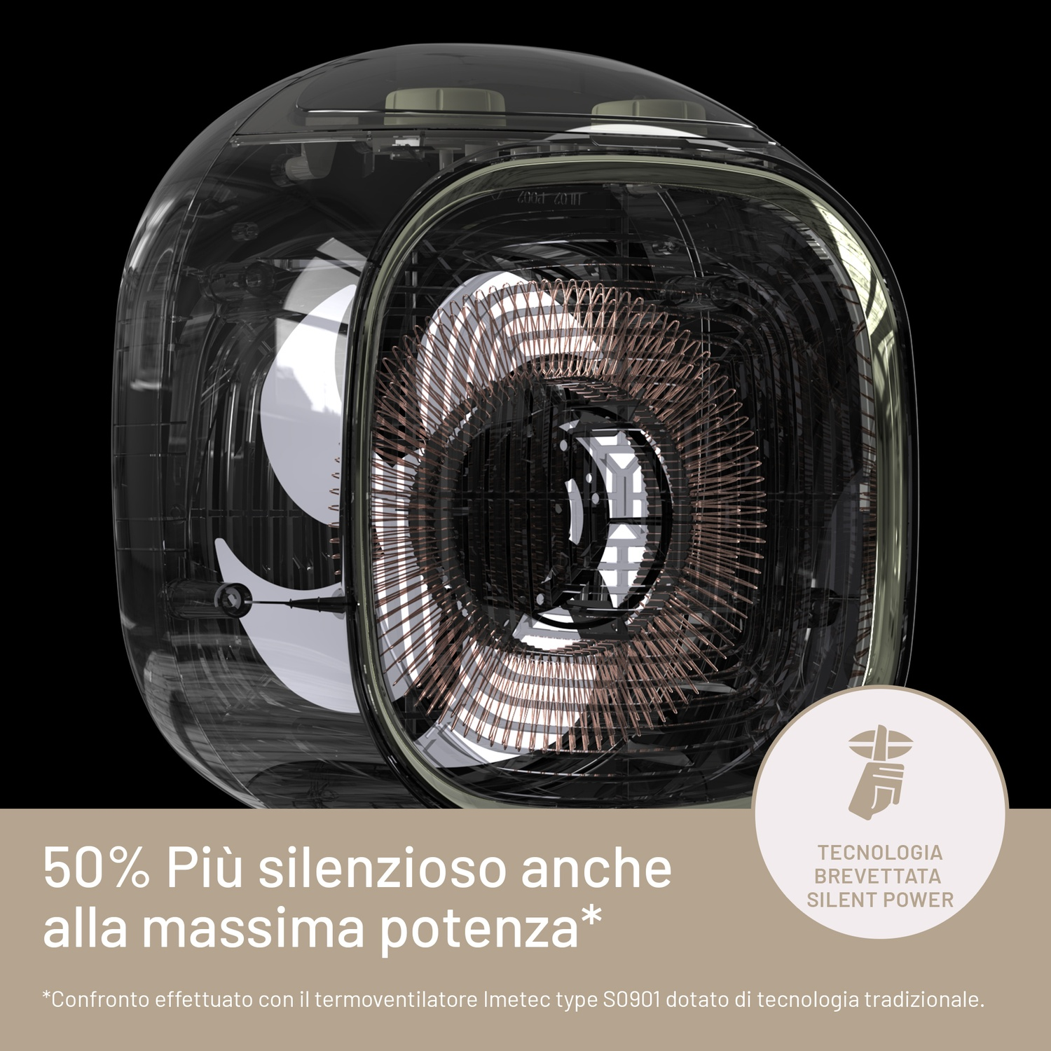 Primo piano di un dispositivo di riscaldamento nero che mostra i componenti interni, coperchio trasparente.