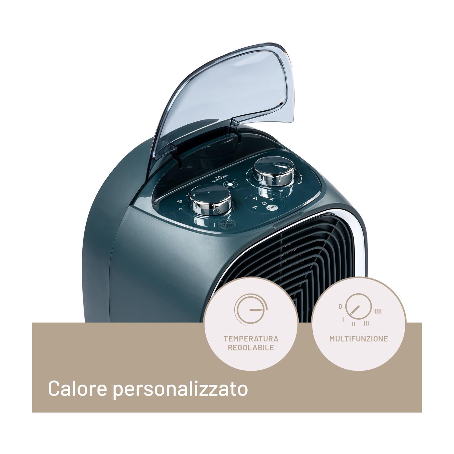 Termoventilatore verde e nero, con quadranti e coperchio trasparente aperto sopra.
