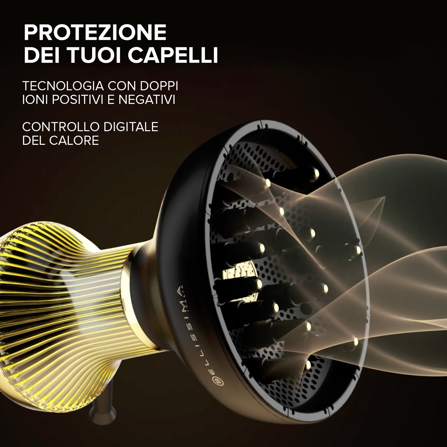 Accessorio per asciugacapelli nero con manico color oro. È su uno sfondo marrone scuro.