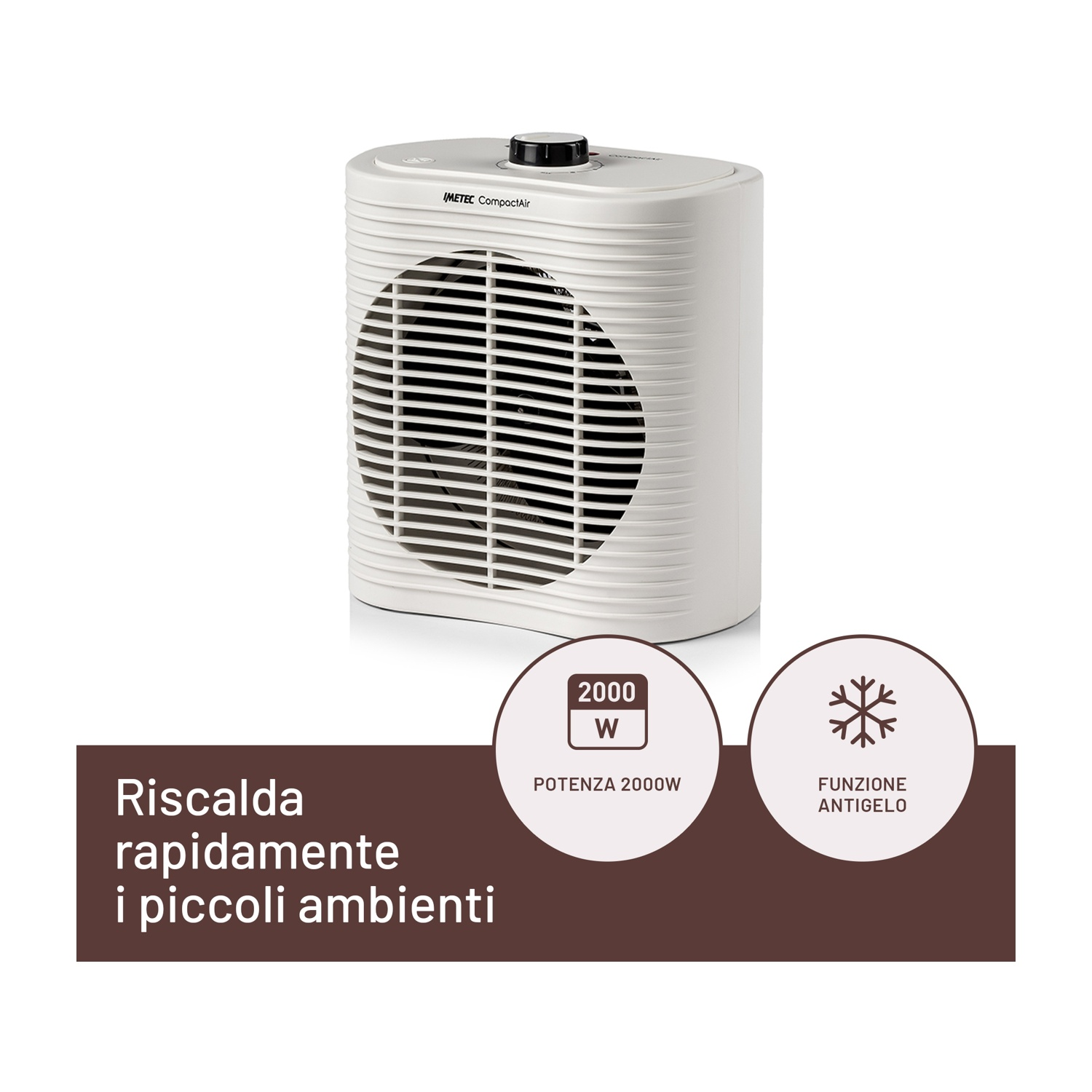 Termoventilatore elettrico bianco con testo e icone, isolato su bianco.