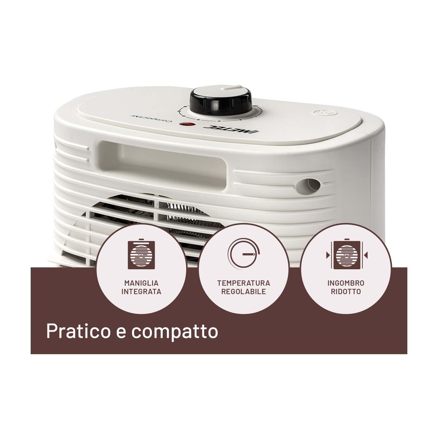 Termoventilatore bianco con manopola e tre icone sotto: maniglia, temperatura regolabile e dimensioni ridotte.