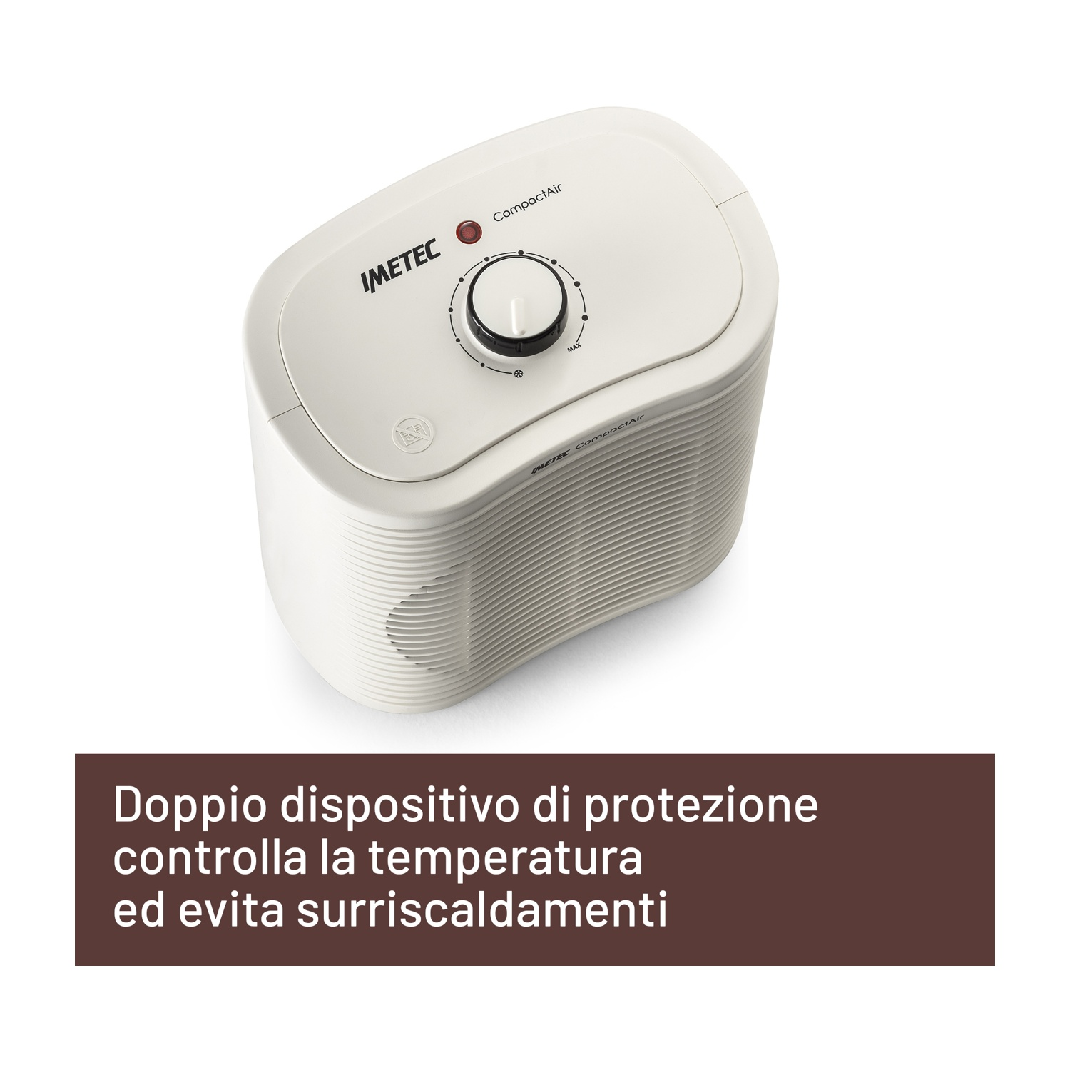 Un purificatore d'aria bianco con una manopola di controllo è visto dall'alto. Testo in italiano.
