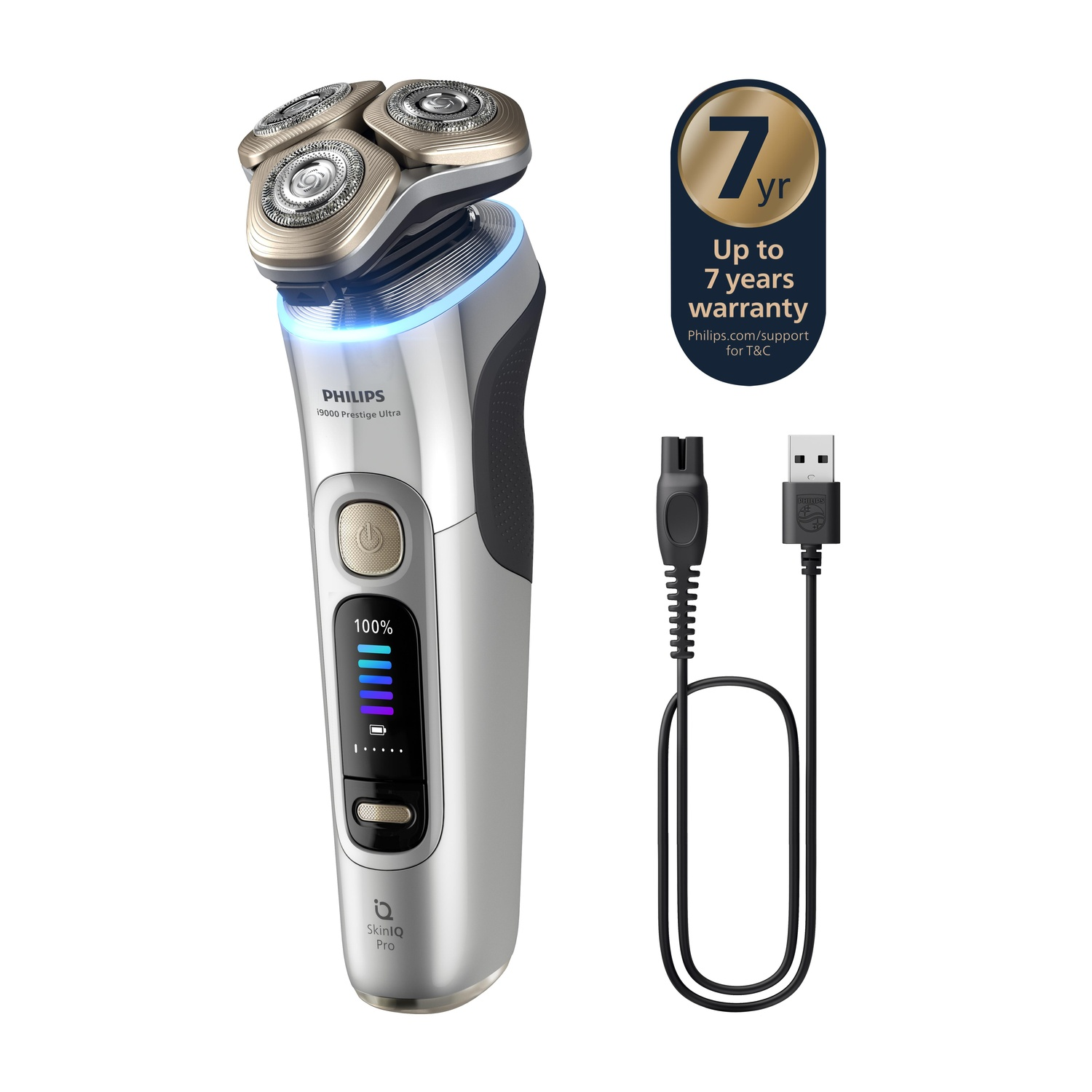 Silver Philips shaver with charger cable and warranty info.