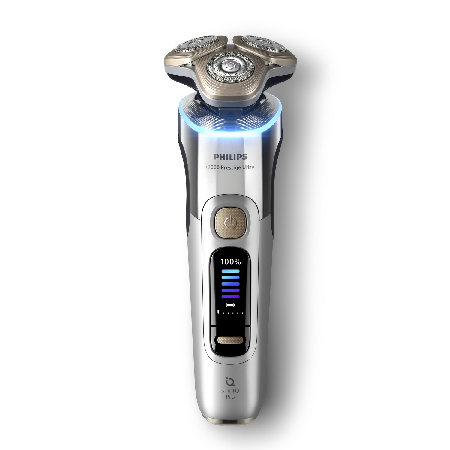 Silver and black Philips shaver, blue light, digital display showing 100%.