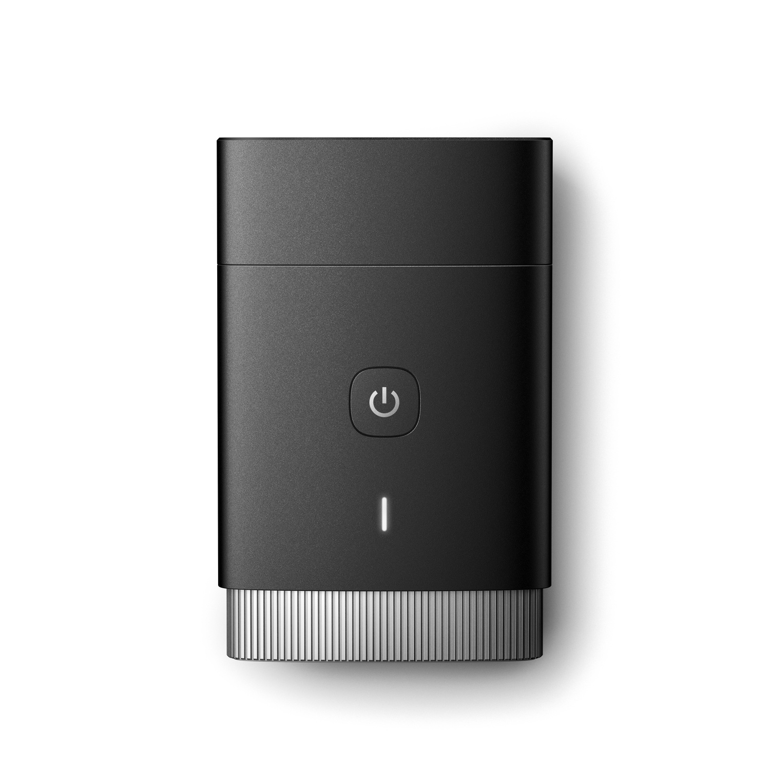 A black device with a power button and a light indicator on a white background.