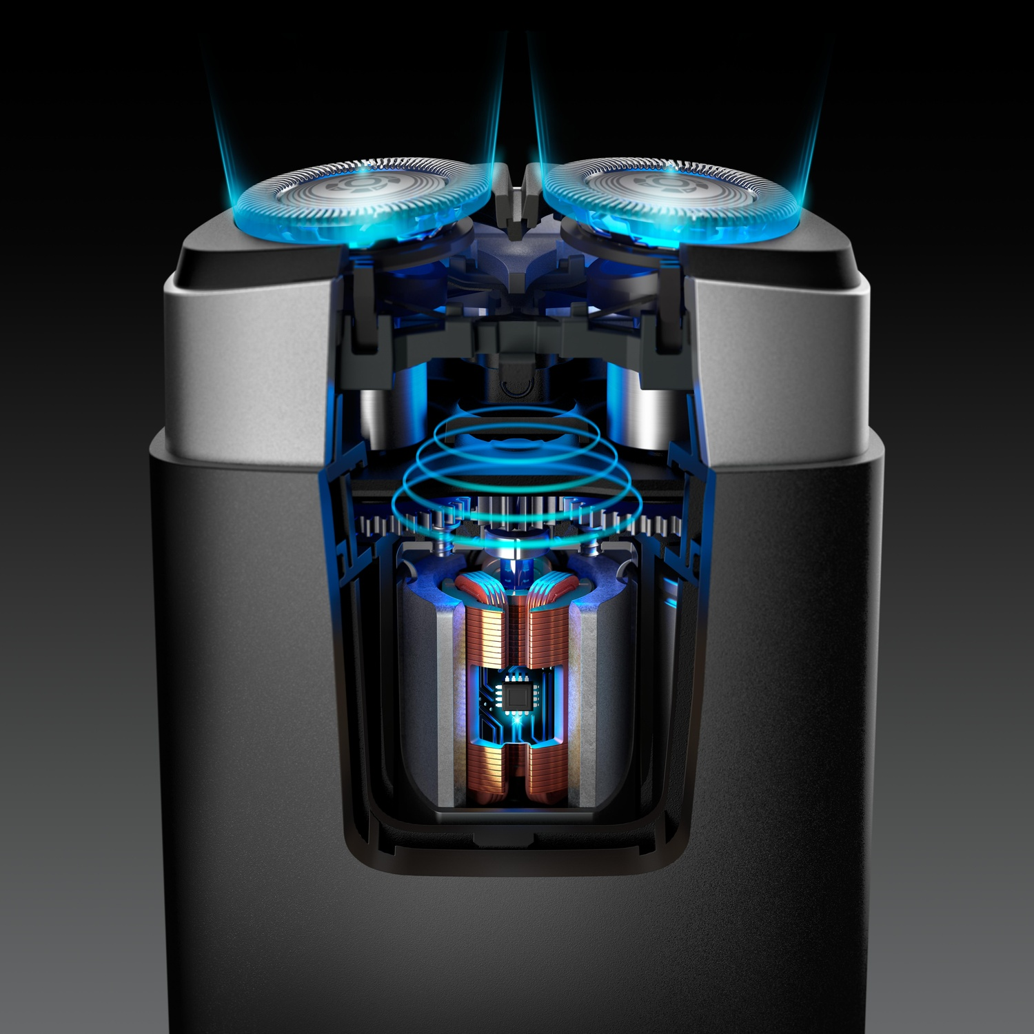 An electric shaver cutaway showing internal components, including the motor and rotating blades, in action.