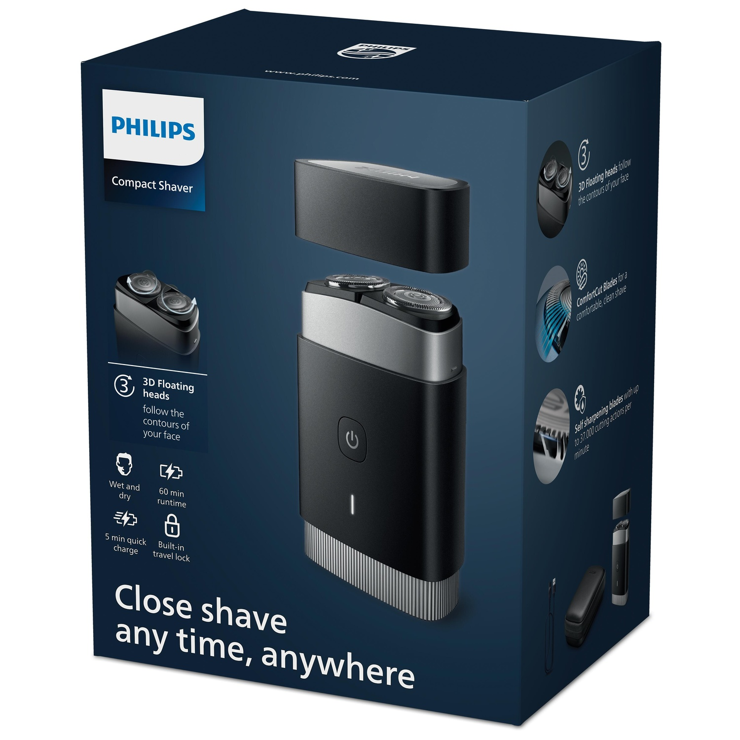 Philips Compact Shaver box, black shaver with two heads. Text: Philips, Close shave any time, anywhere.