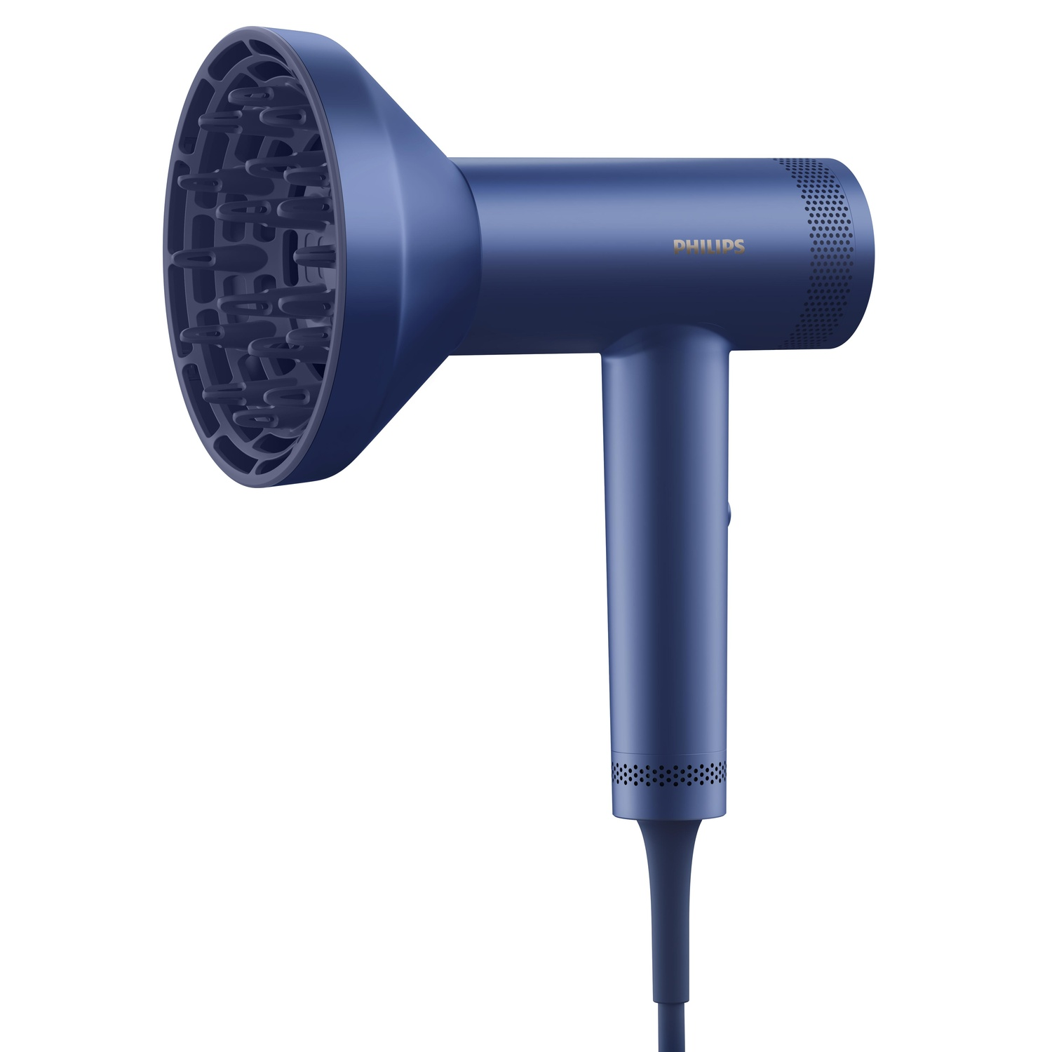 Blue Philips hair dryer with a diffuser attachment. White background.