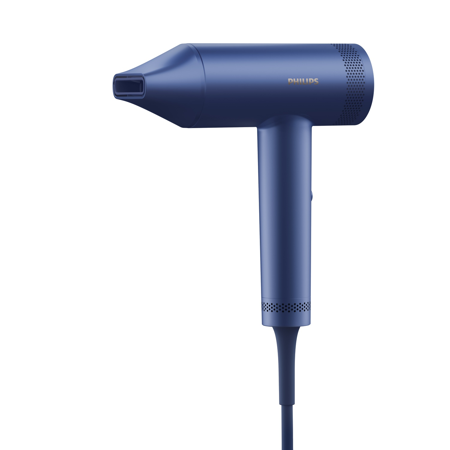 A blue Philips hair dryer. It's angled, showing the nozzle, handle, and cord against a white backdrop.