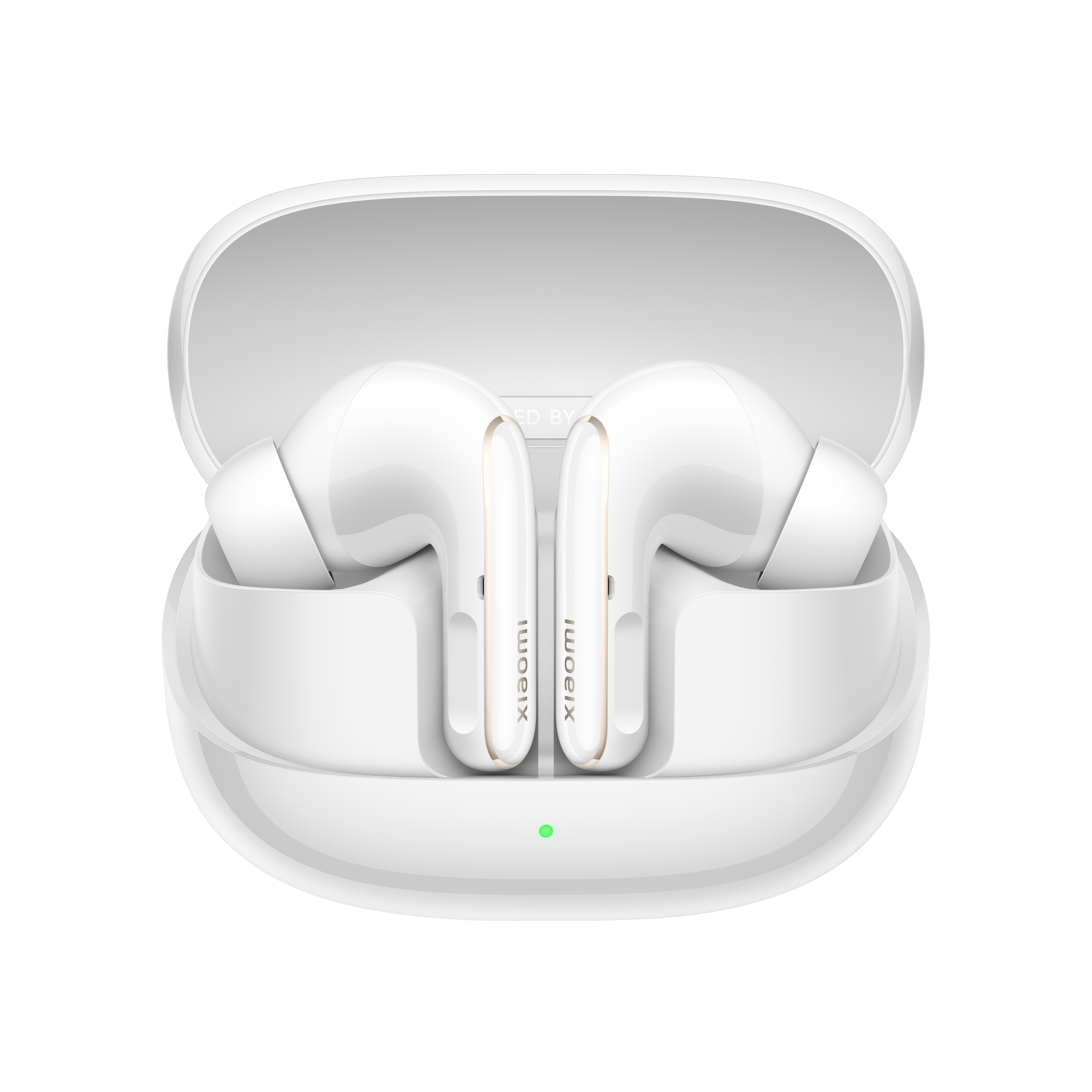 Weiße Xiaomi-Ohrhörer in einem weißen Ladeetui, das geöffnet ist.