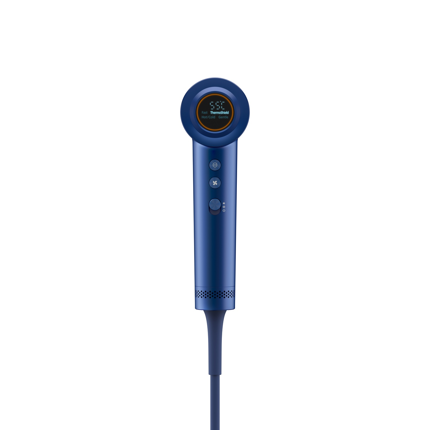 A blue and orange hair dryer with a digital display on a white background.