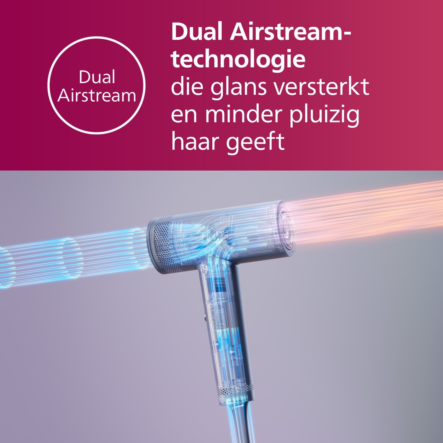 Hair dryer with blue and orange airflows, text about dual airflow technology.