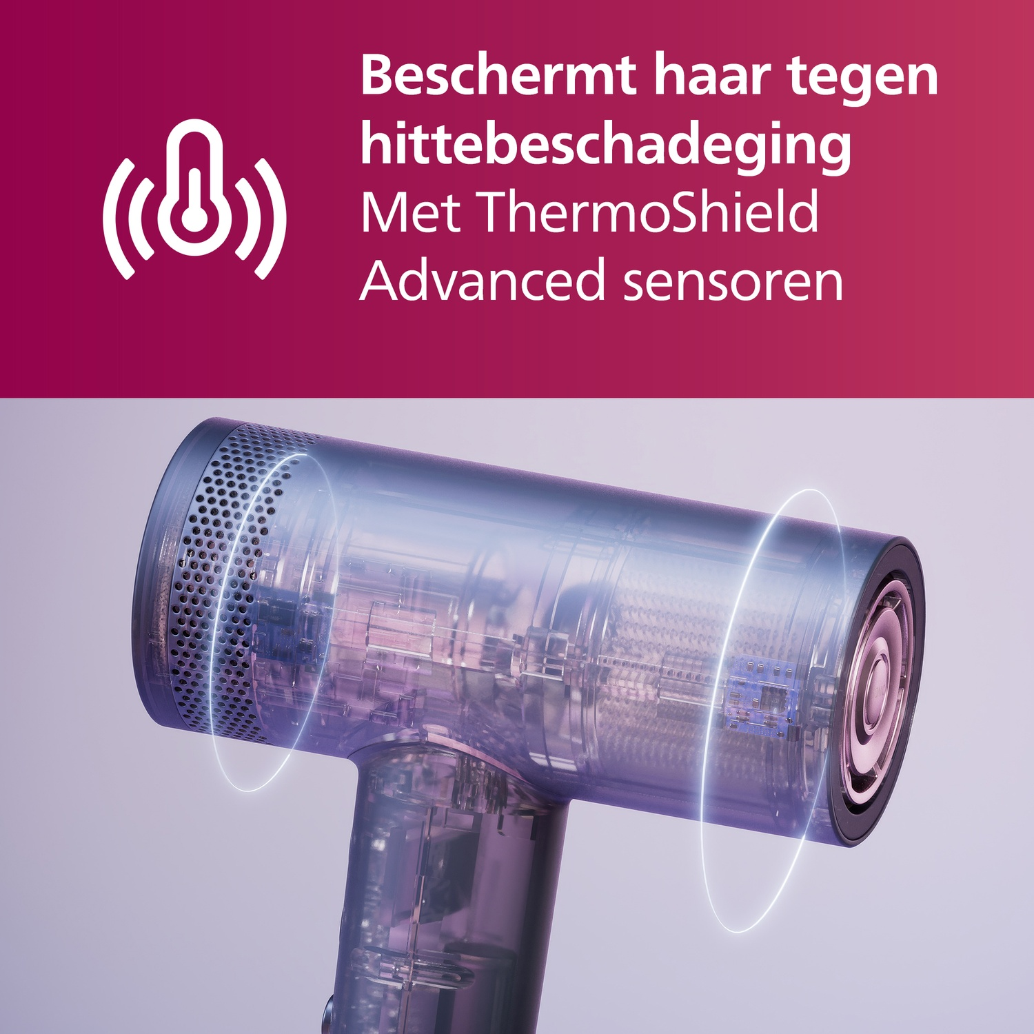 A transparent hair dryer with white light rings and text. The background is purple.