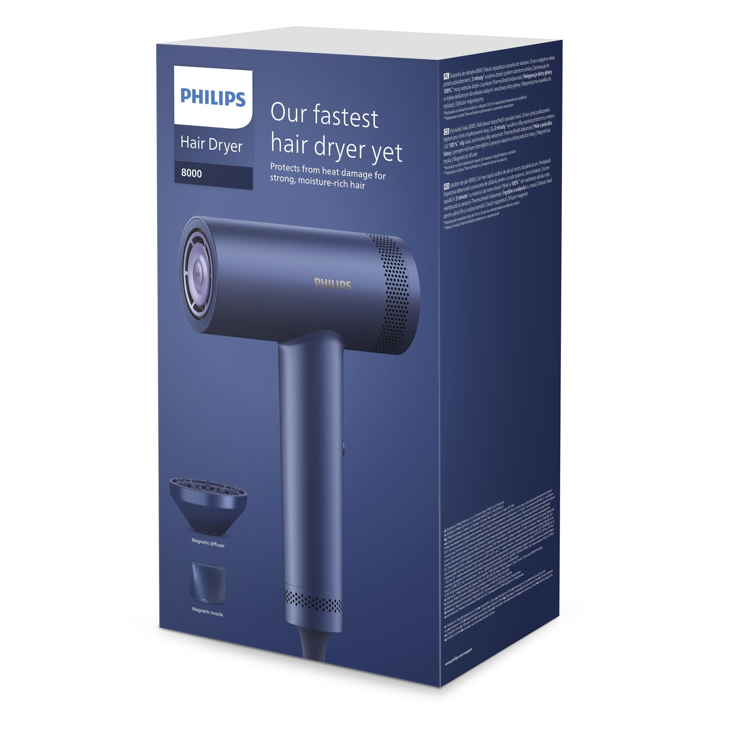 Blue Philips hair dryer box, with images of the product and features.