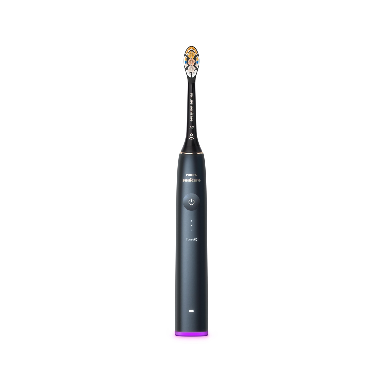 Brosse à dents électrique, noire avec tête de brosse colorée. La marque Philips Sonicare est visible.