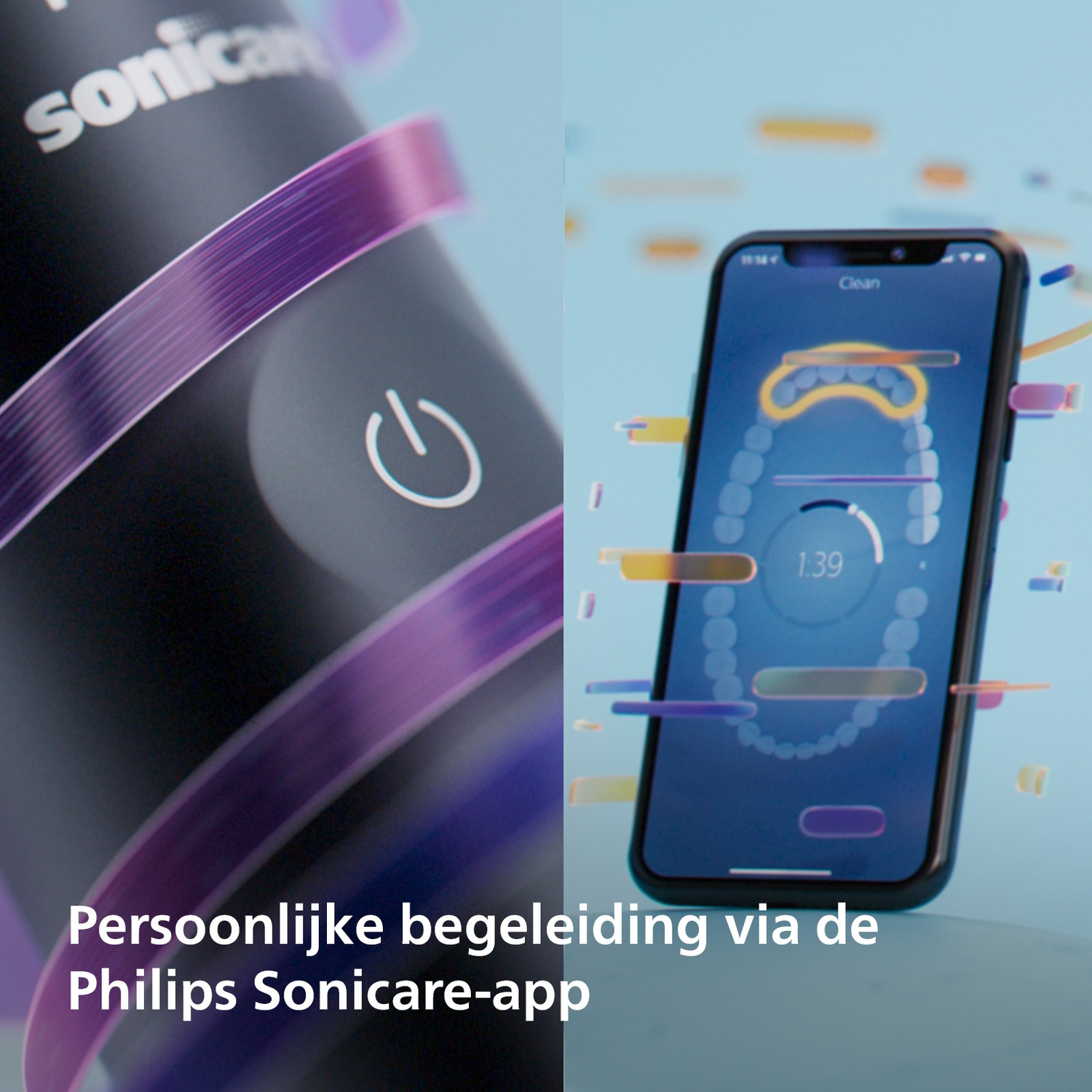 Gros plan d'une brosse à dents électrique et un écran de téléphone montrant la progression du nettoyage.