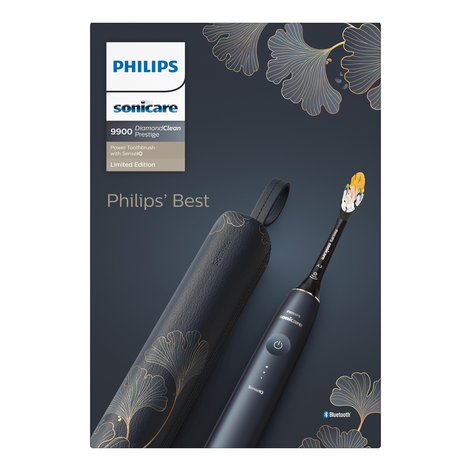 Brosse à dents Philips Sonicare avec étui et texte. Design noir et or.