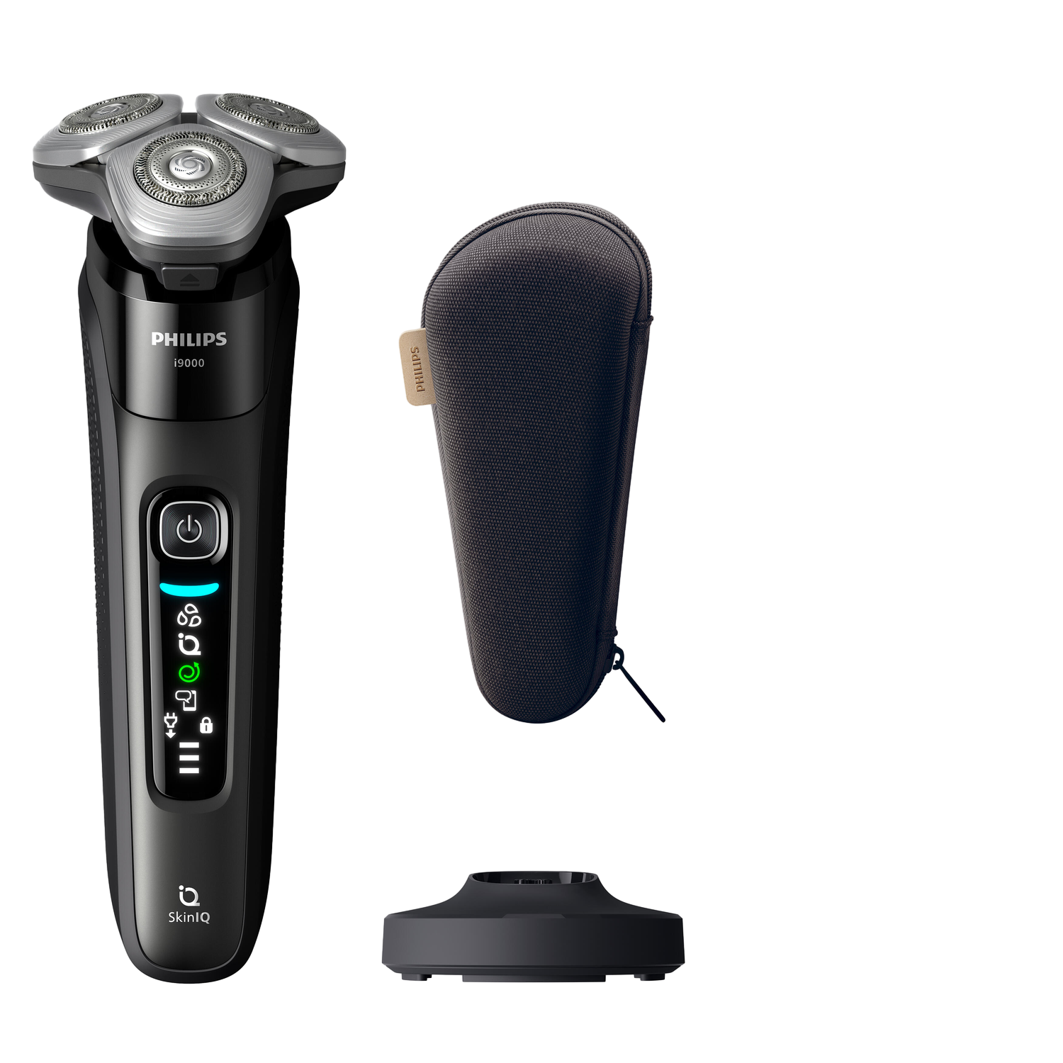 Philips scheerapparaat met oplaadstation en draagtas.