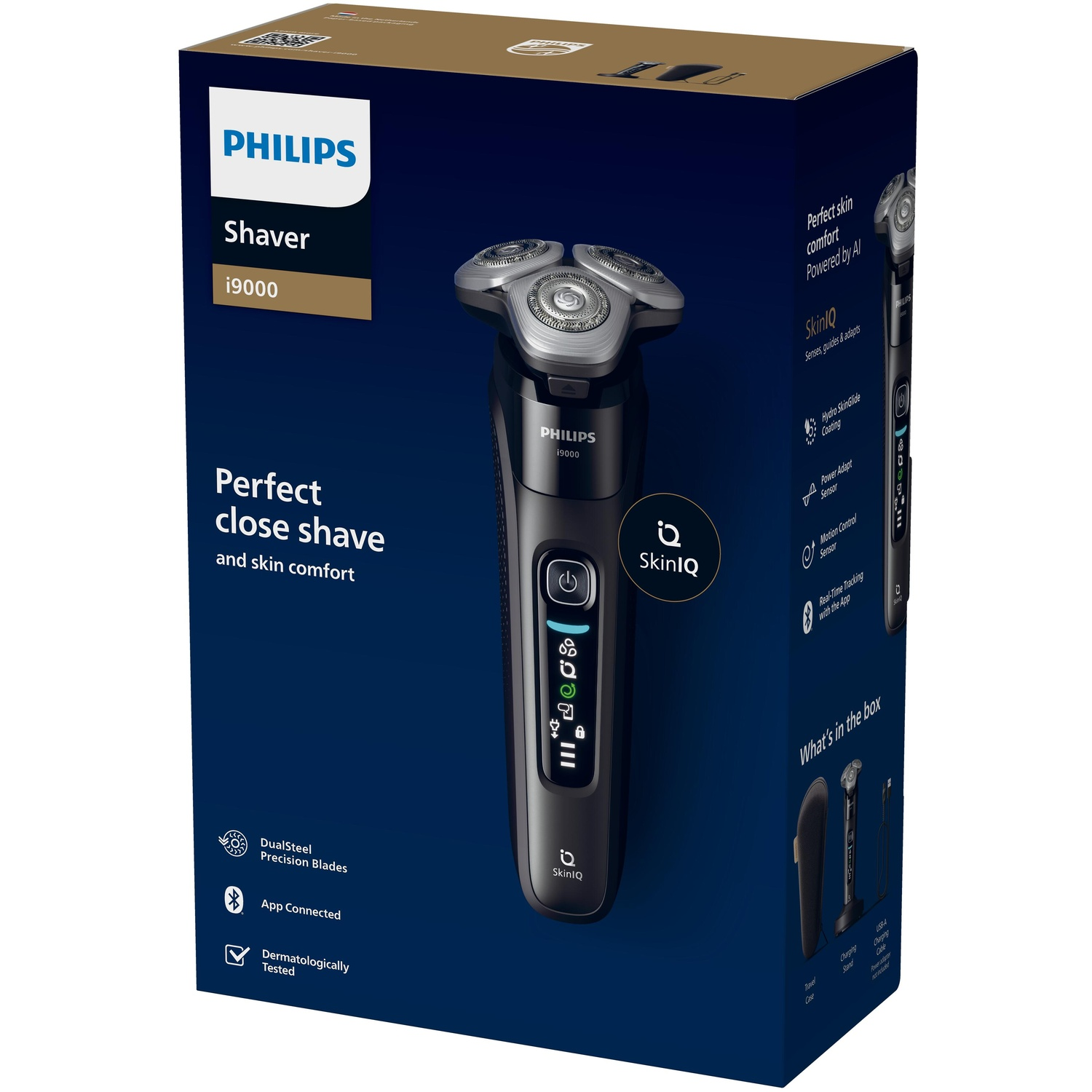 Een Philips scheerapparaat in de doos. De doos heeft tekst en een afbeelding.