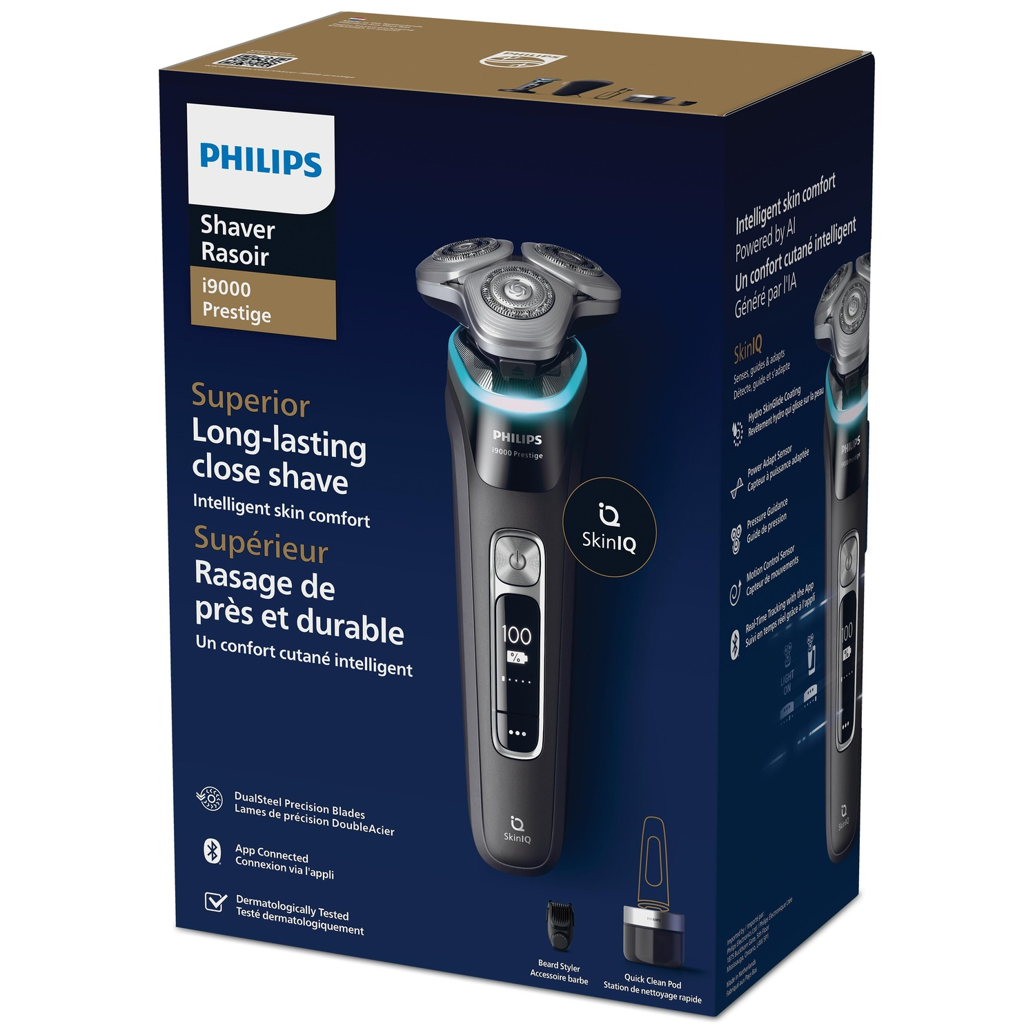 Une boîte Philips Shaver Rasoir 19000 Prestige. La boîte présente une image de rasoir et du texte.