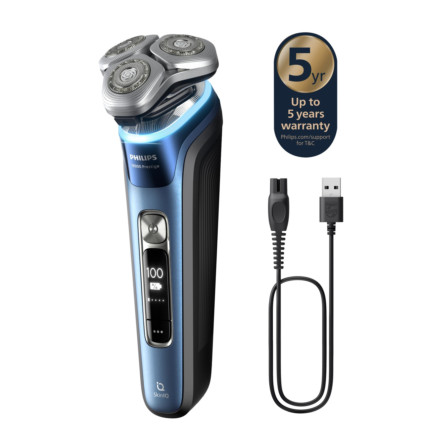 Een blauwe Philips 9000 Prestige scheerapparaat met oplaadkabel. 5 jaar garantie info.