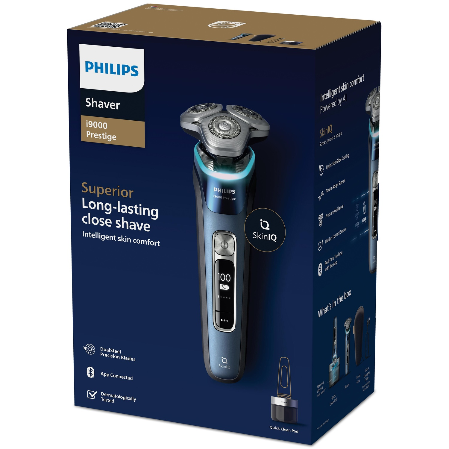 Doos van Philips scheerapparaat. Toont scheerapparaat en functies, met blauwe en zwarte kleuren.