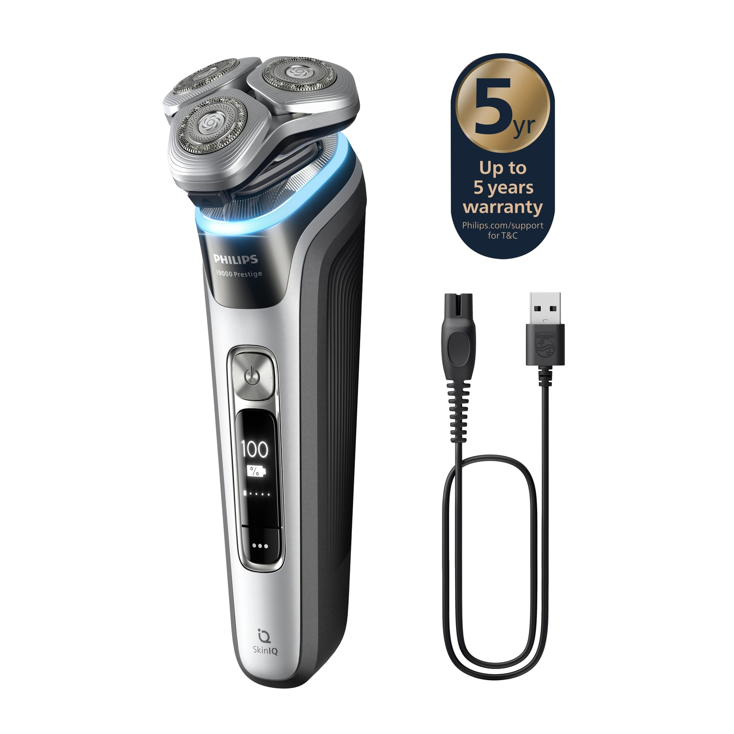 A silver and black shaver with a digital display and a charging cable.