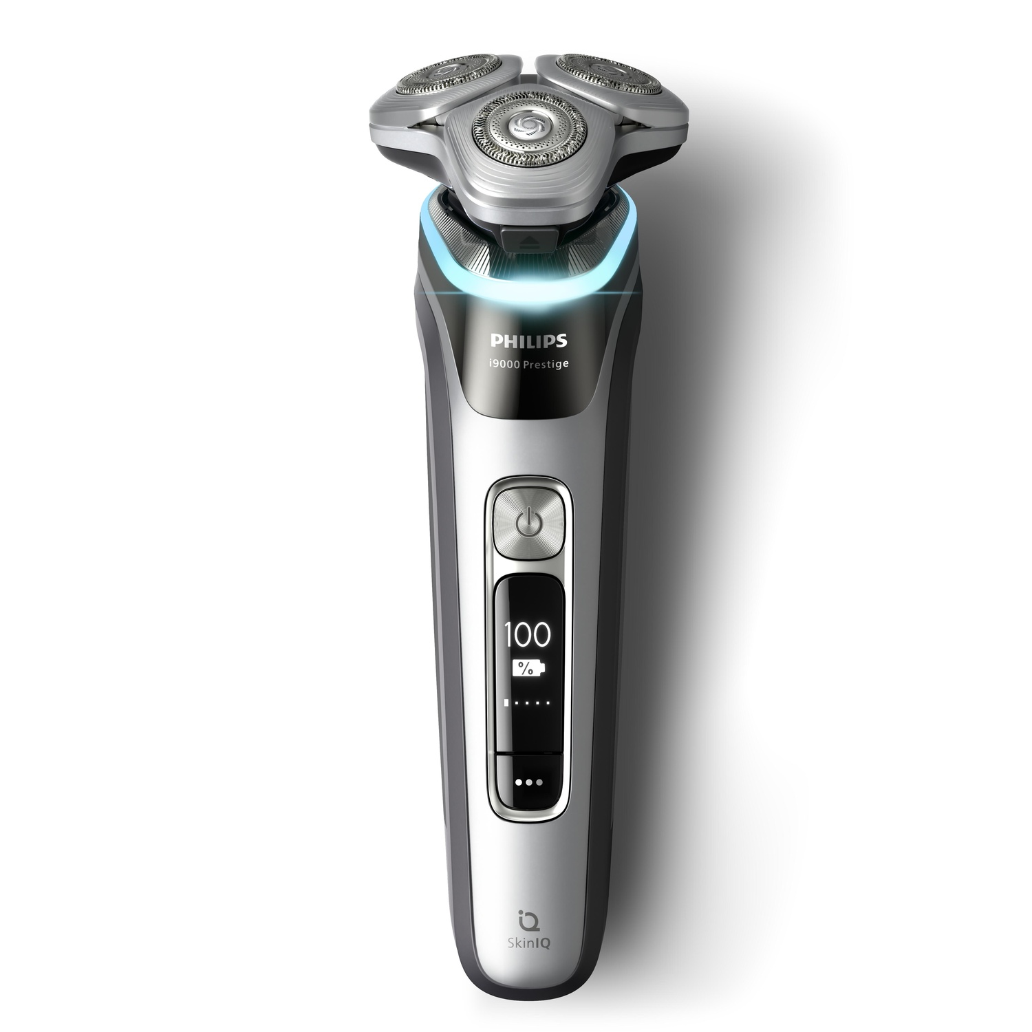 Philips Shaver 9000 Prestige. The shaver is silver and black with a digital display.