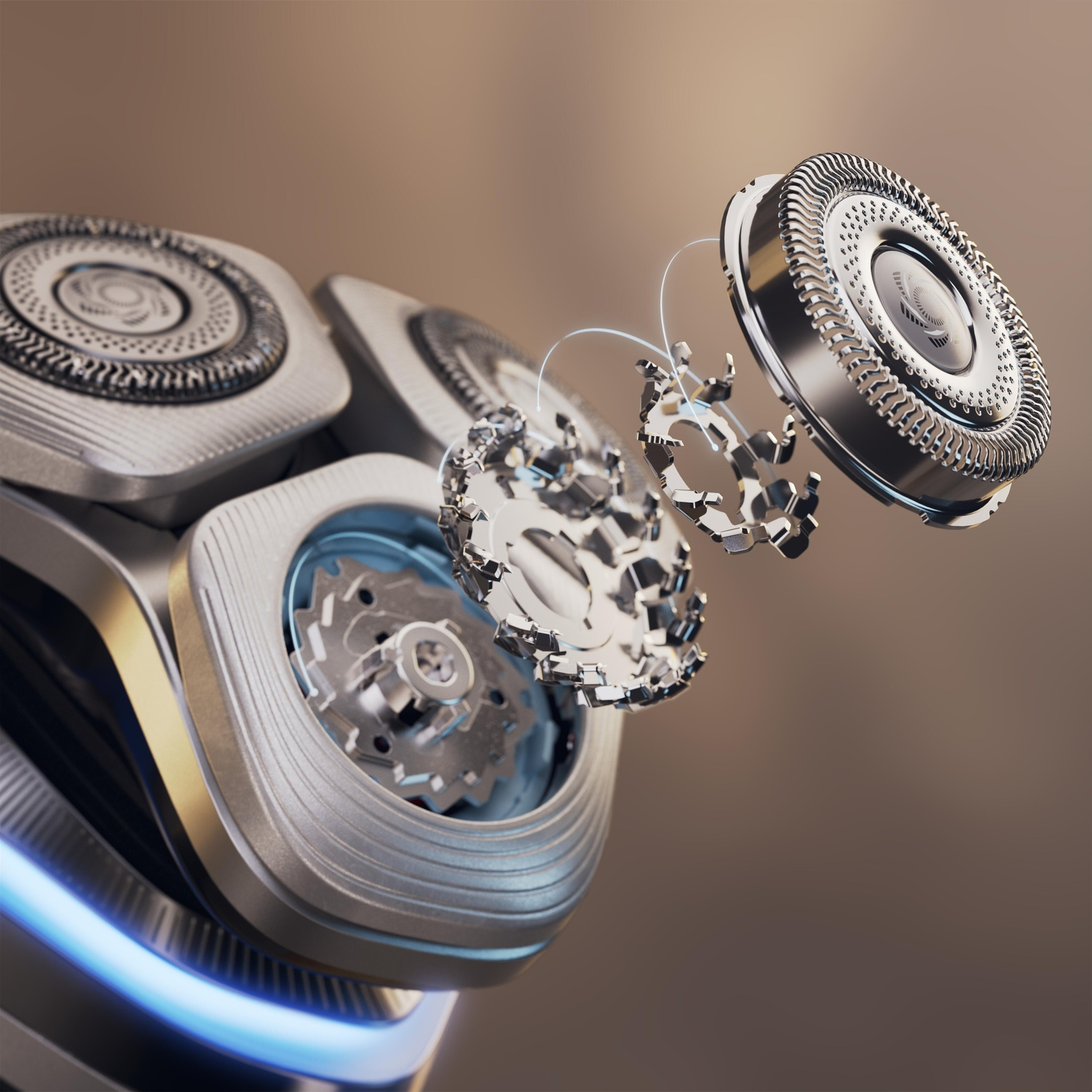 Exploded view of a Philips shaver head. Silver metal components are displayed in detail.
