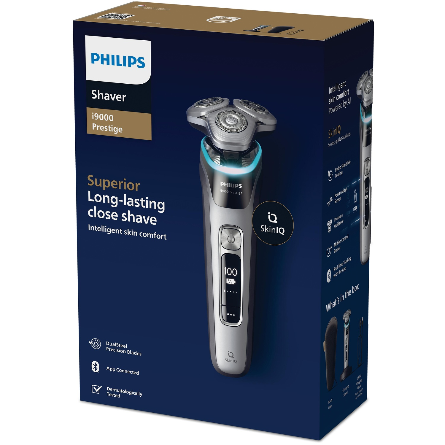 Philips shaver box with shaver and features. Text: Superior long-lasting close shave.