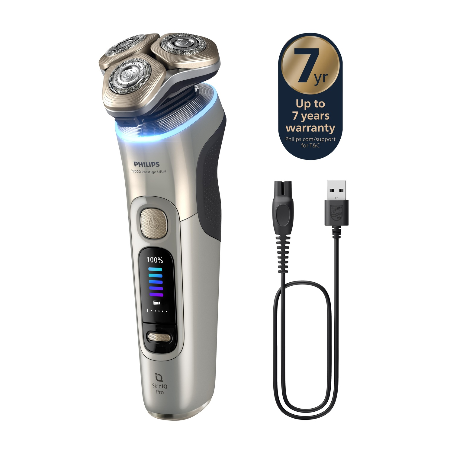 Silver Philips electric shaver with a charger cable and a 7-year warranty badge, isolated on white.