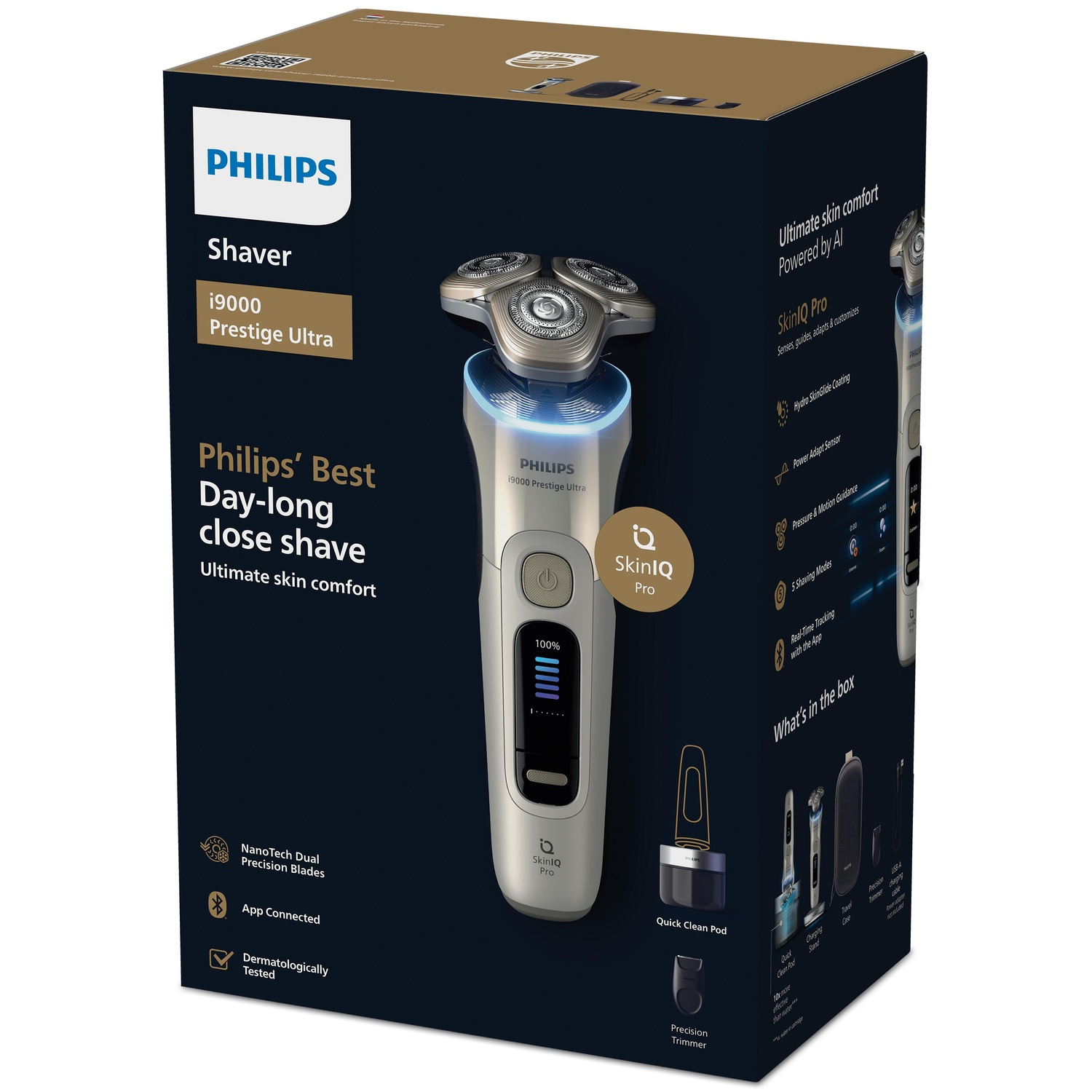 A box of a Philips shaver with the shaver and accessories visible. The box is blue and white.