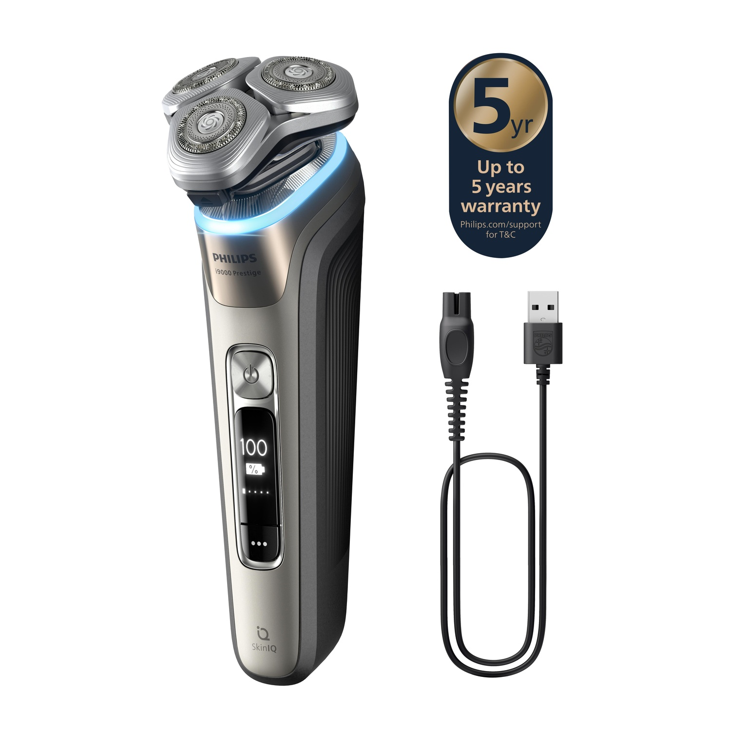 Silver and black electric shaver with a charging cable, and a warranty logo.