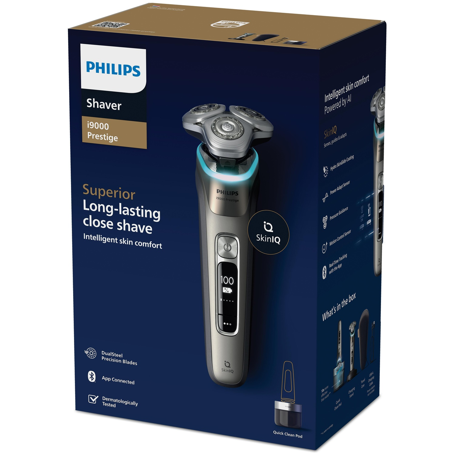 Box of a Philips shaver. Shaver, text: i9000 Prestige, Superior Long-lasting close shave.