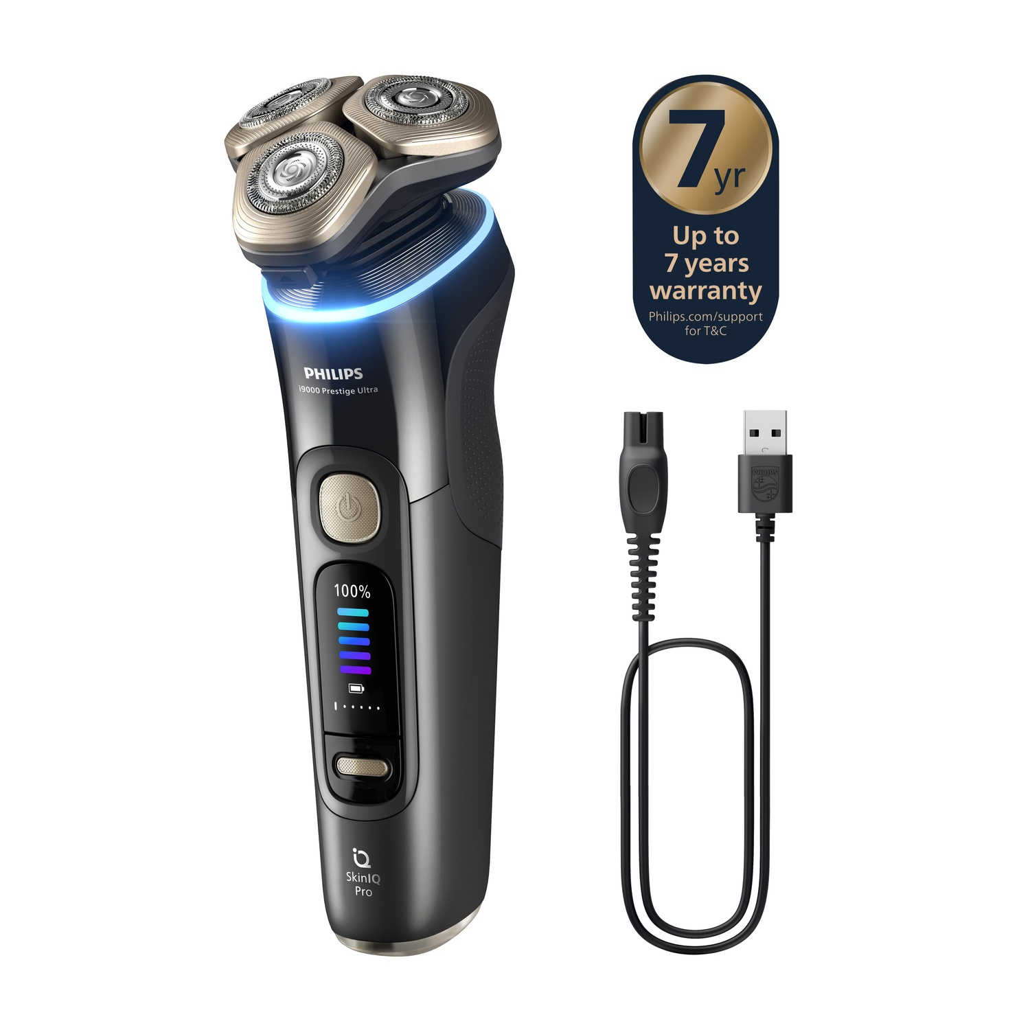 A black Philips shaver with a charging cable and warranty info on a white background.
